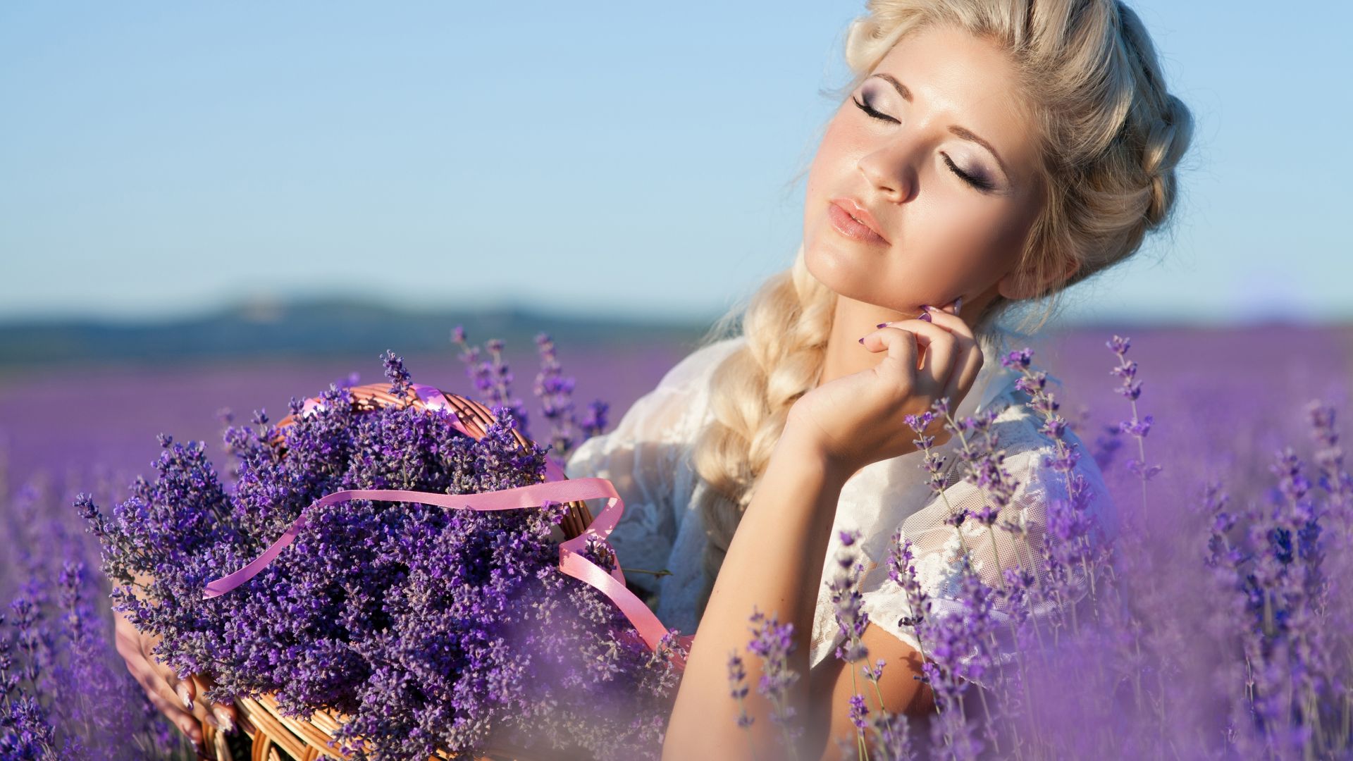 Wallpaper Closed eyes, girl, model, lavender, flowers