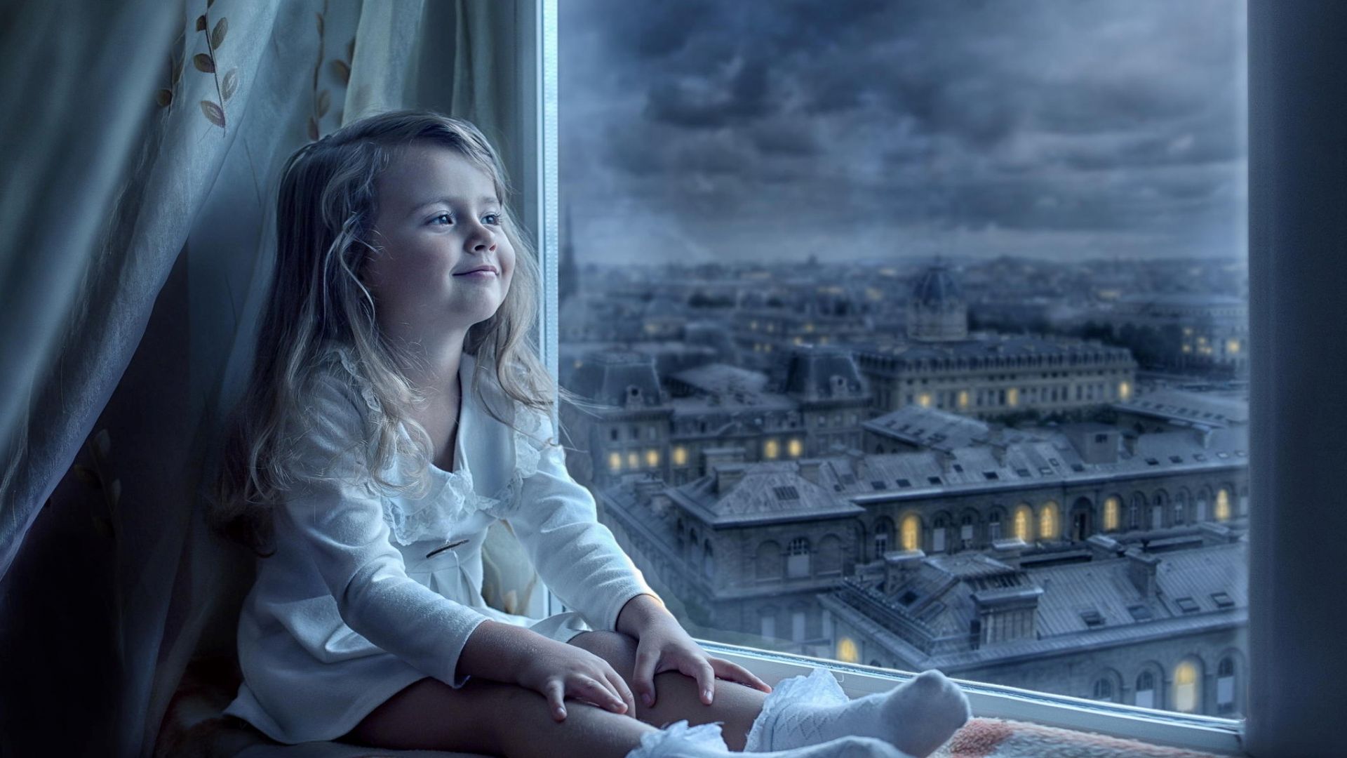 Wallpaper Cute little girl, smile, sitting, window, night