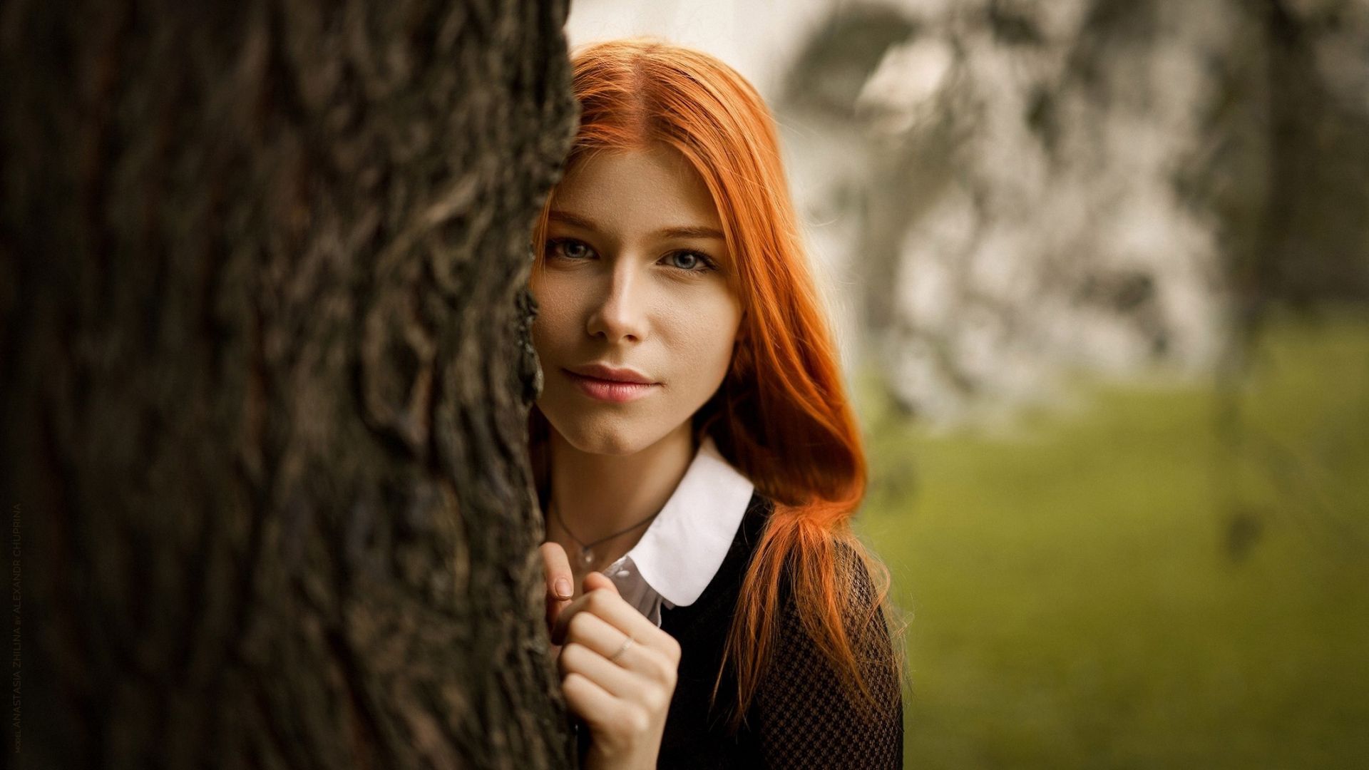 Wallpaper Redhead, girl, model behind tree