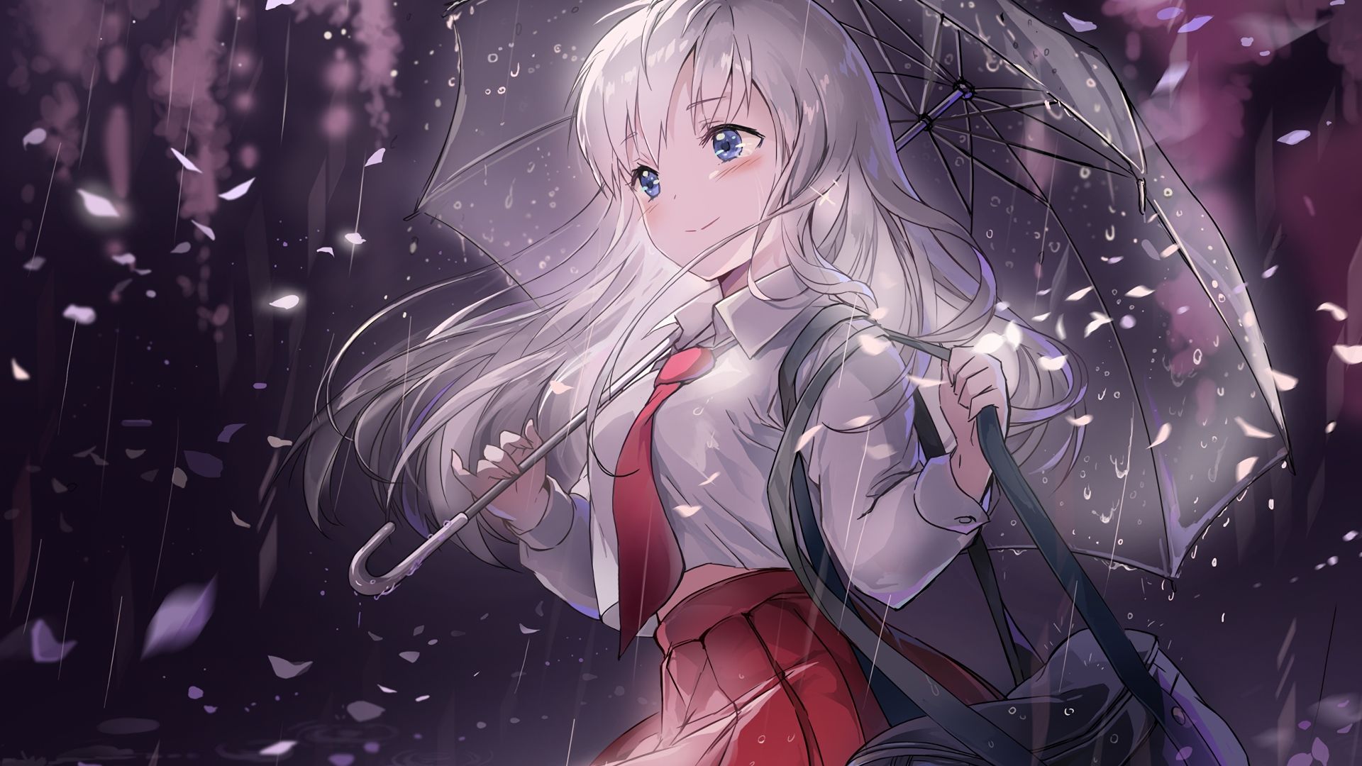 Wallpaper Beautiful, anime girl, enjoying rain, umbrella