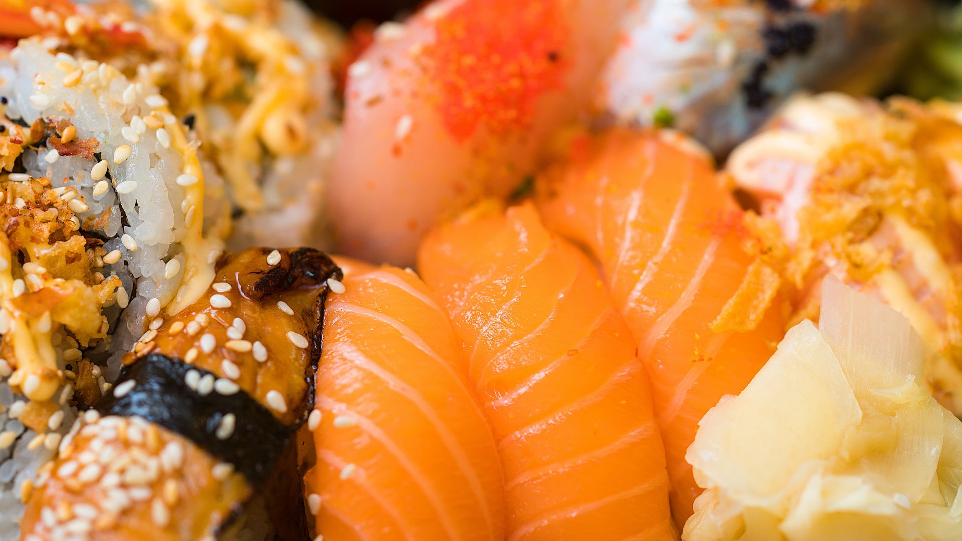 Wallpaper sushi rolls, fish rice, sesame food