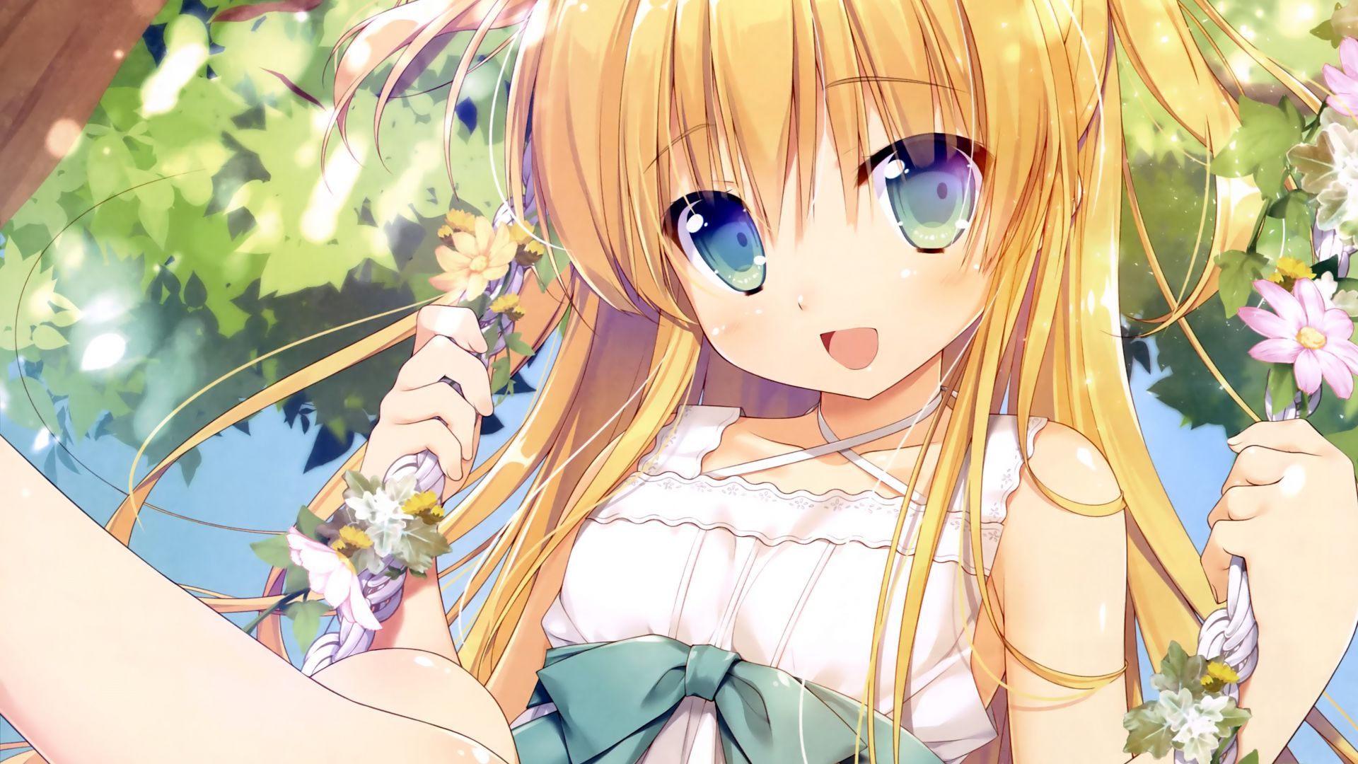 Wallpaper Twintails, swing, anime girl, blonde