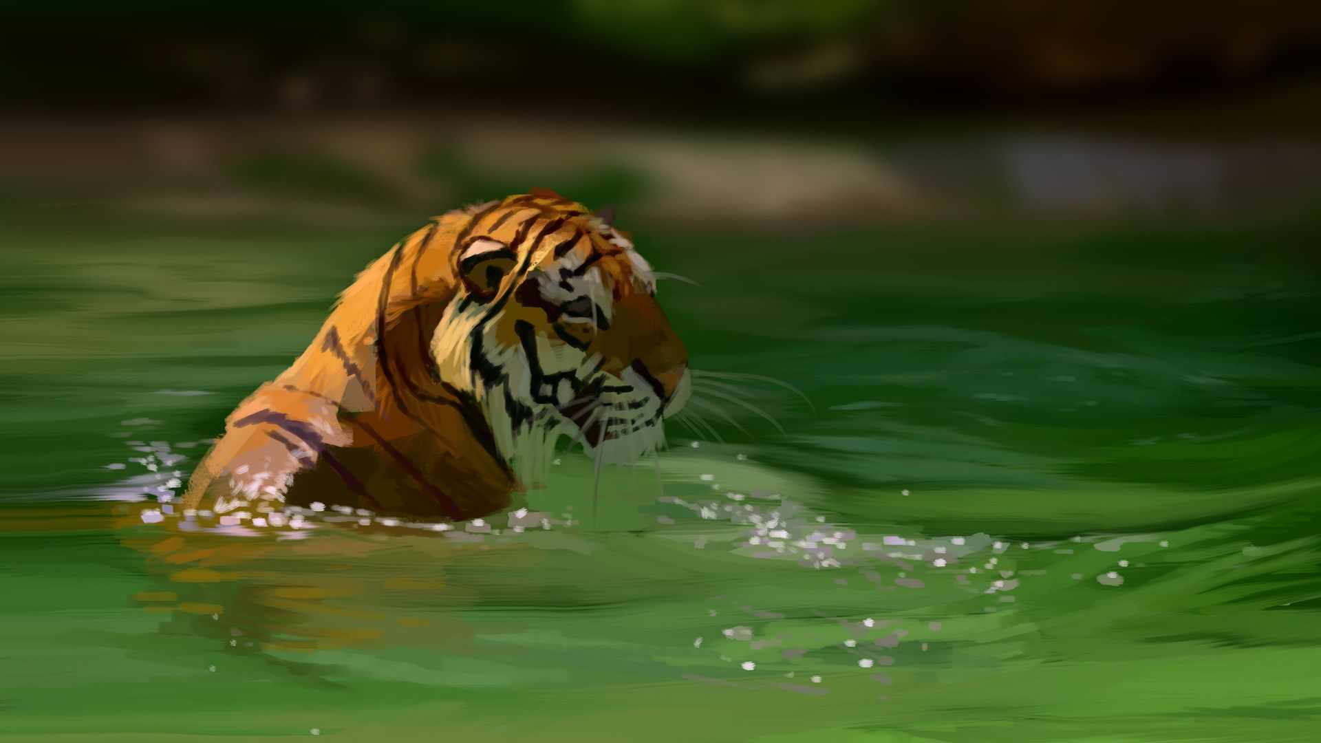Wallpaper Tiger, bath, green lake, art