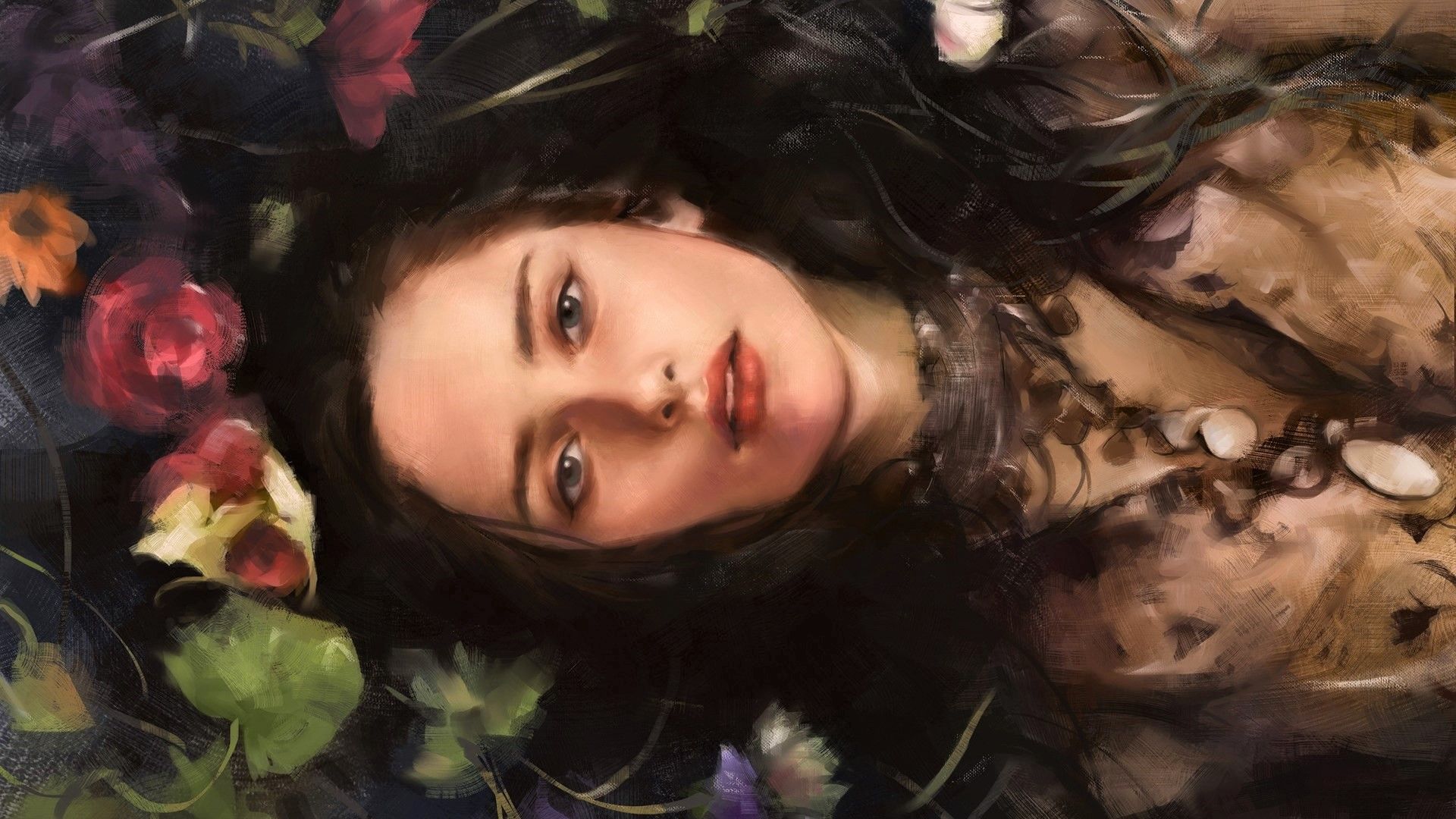 Wallpaper Lying down, woman, art, flowers