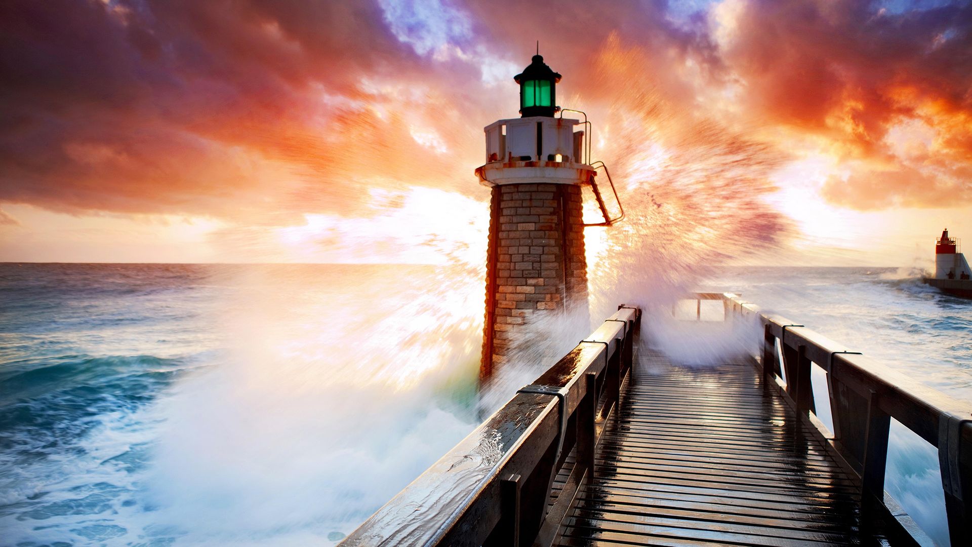 Wallpaper Lighthouse, sunset, beach, wooden bridge