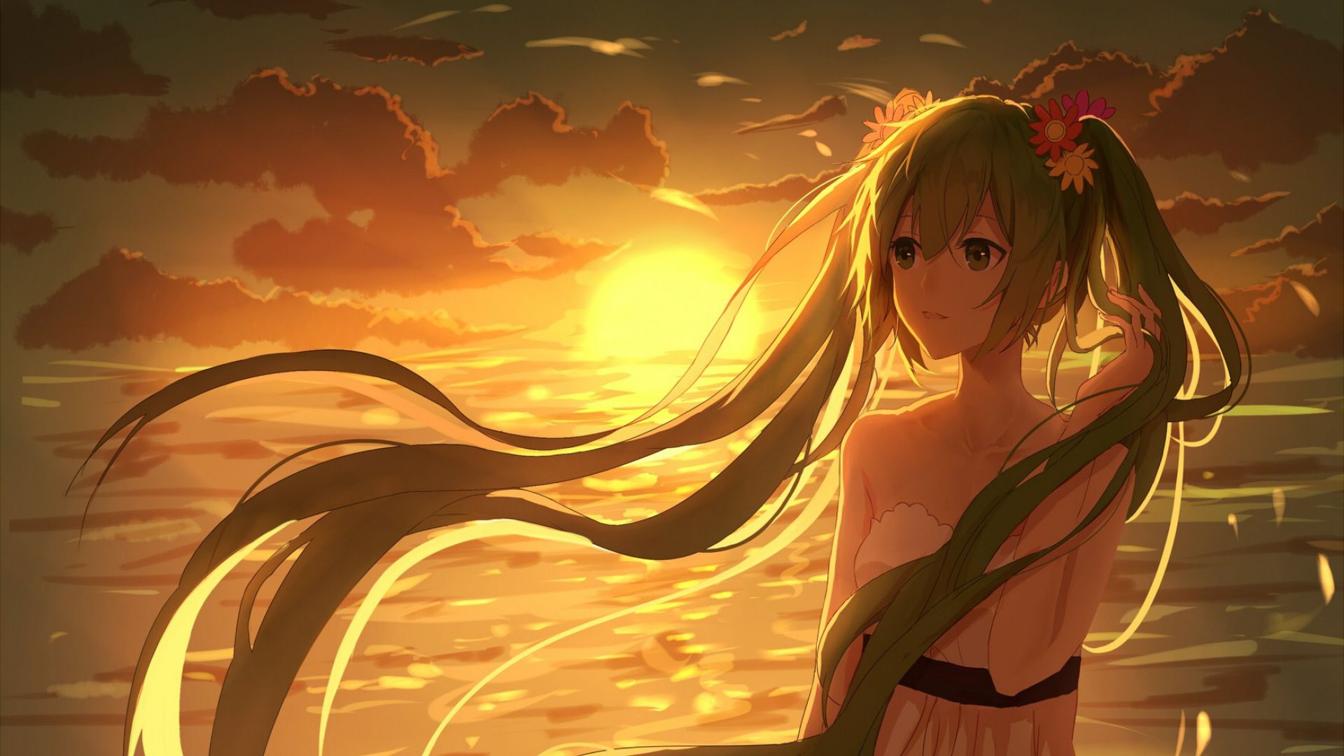 Wallpaper Hatsune Miku, cute anime girl, sunset
