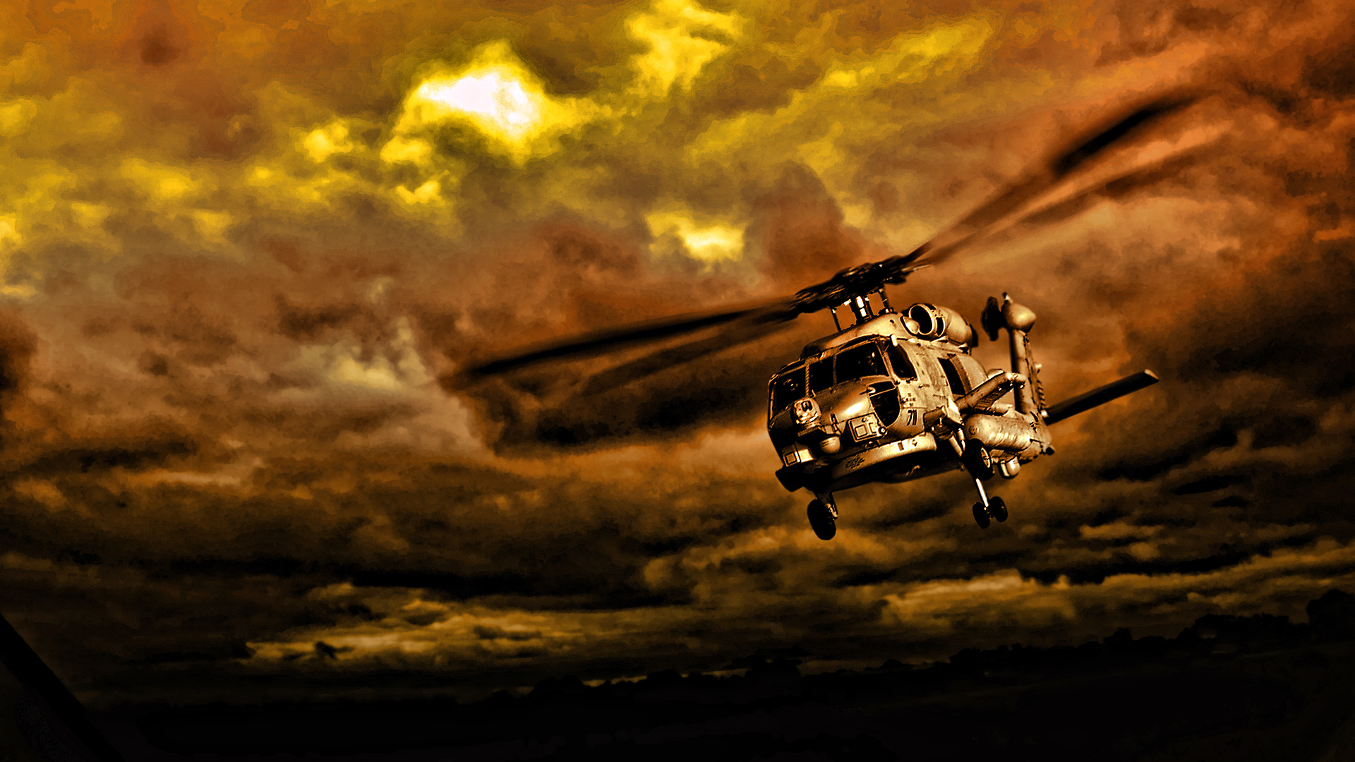 Wallpaper Helicopter, sunset, clouds, sky