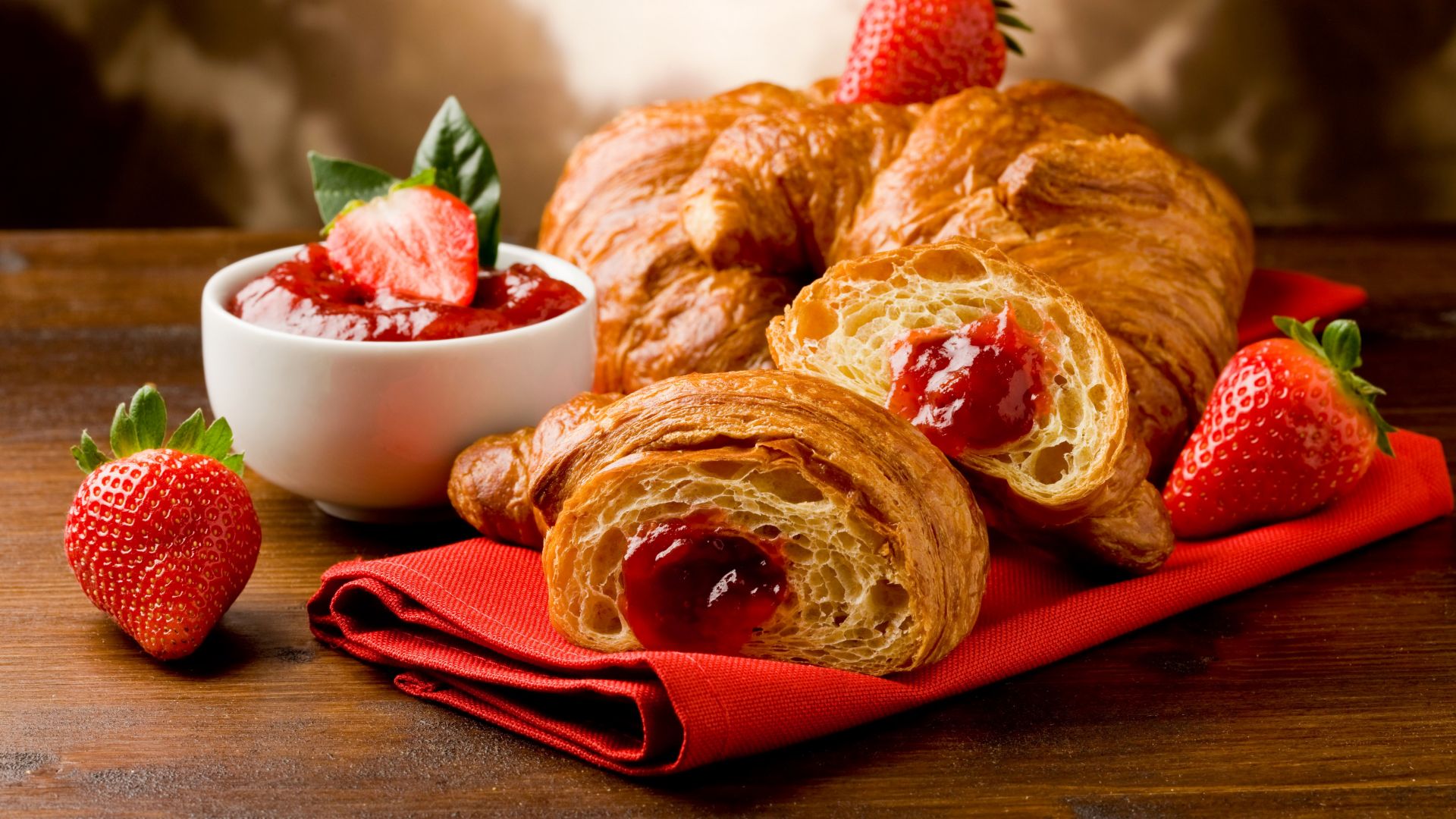Wallpaper French croissants, fruits, strawberry, jam,