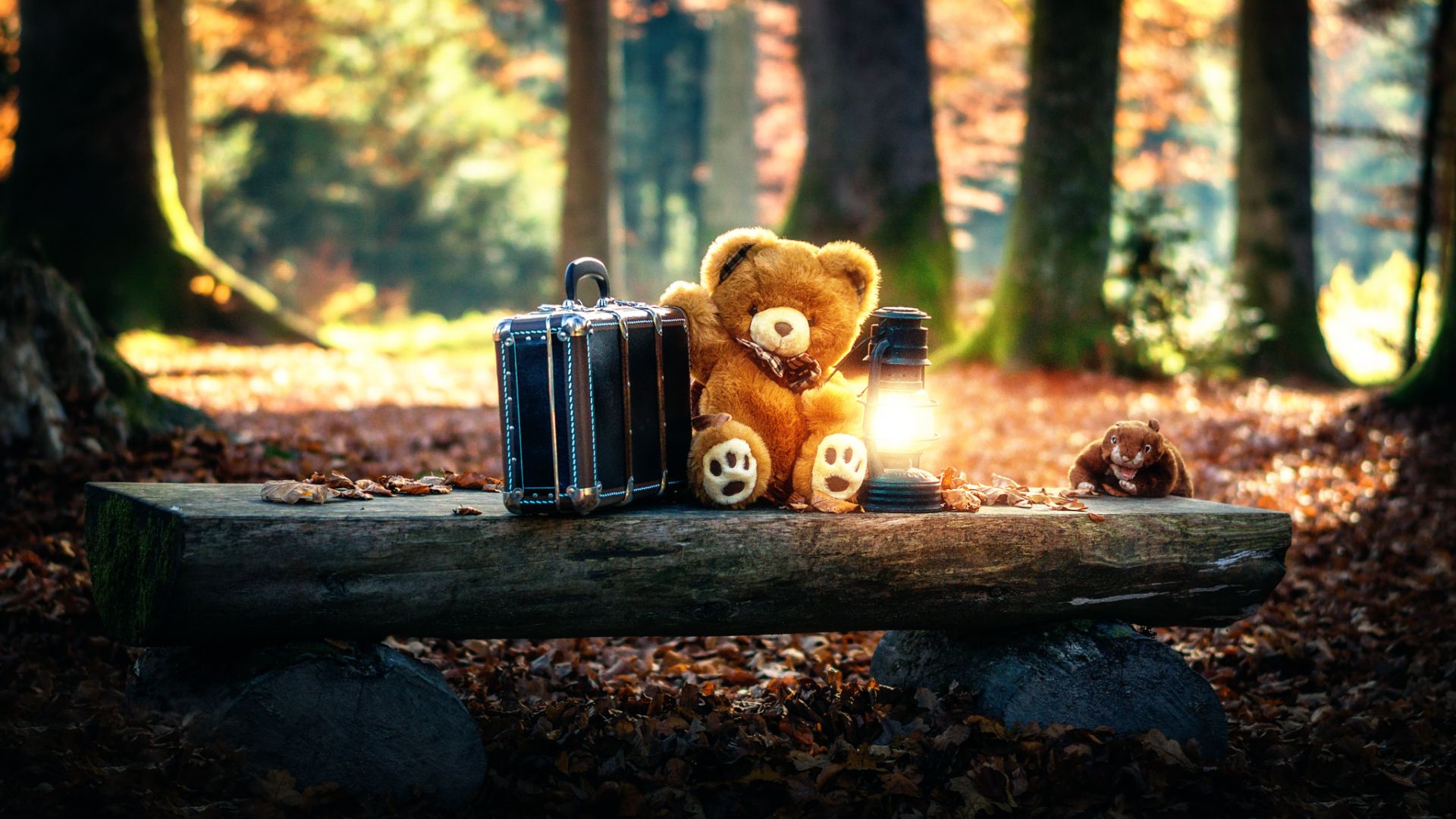 Wallpaper Teddy bear, lamp, suitcase, bench