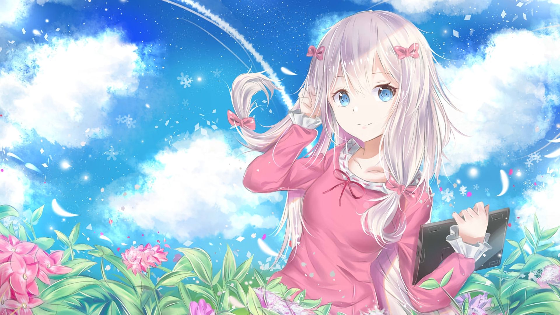 Wallpaper Sagiri, anime girl, white hair, garden