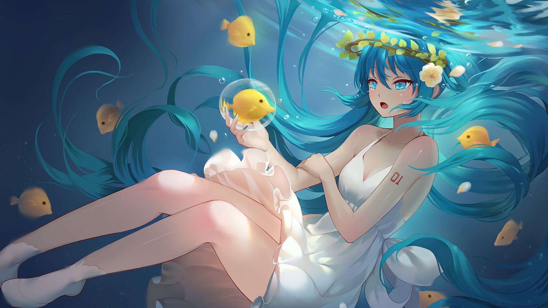 Wallpaper Hatsune Miku, underwater, fish, Vocaloid