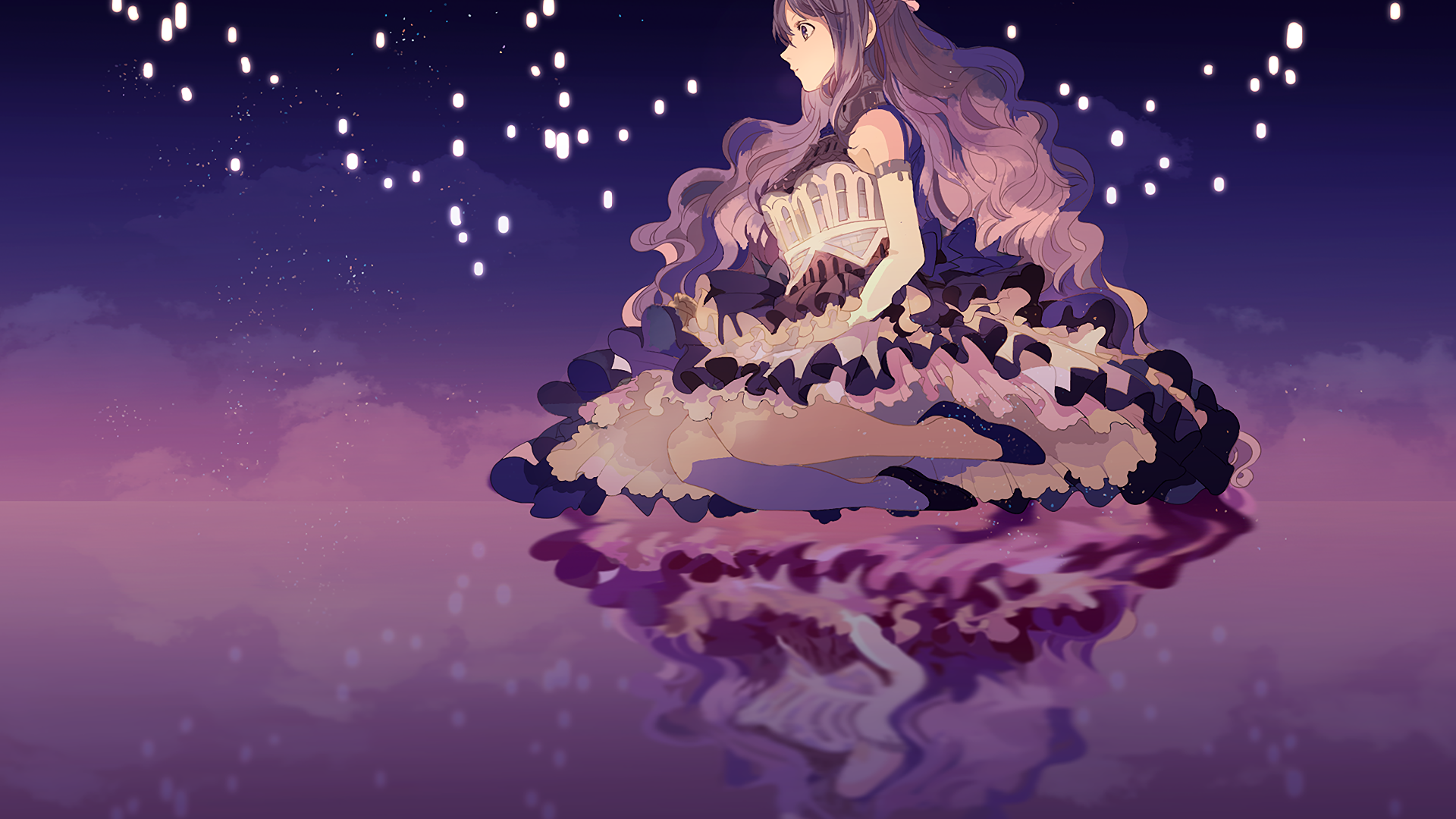Wallpaper Reflections, original, anime girl, night, long hair