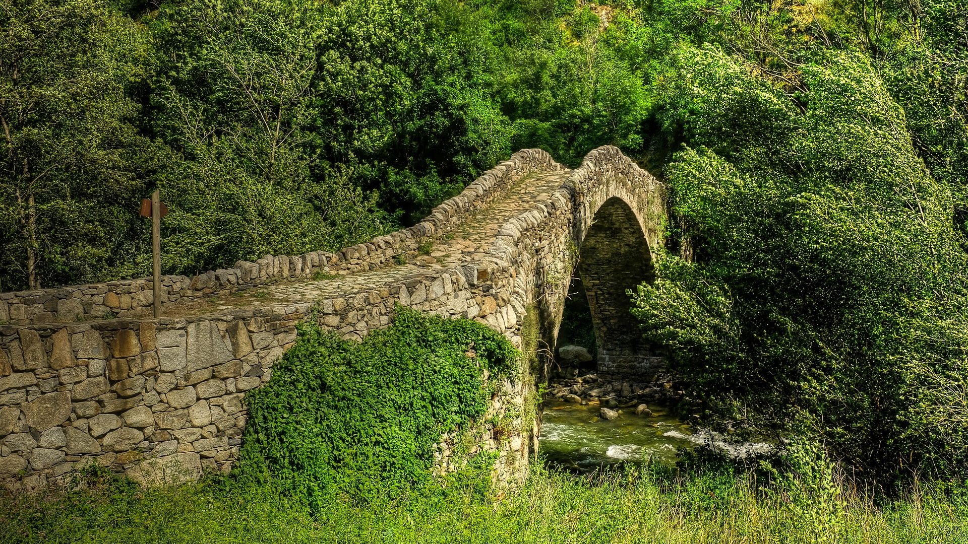 Wallpaper Stone bridge, forest, river, nature