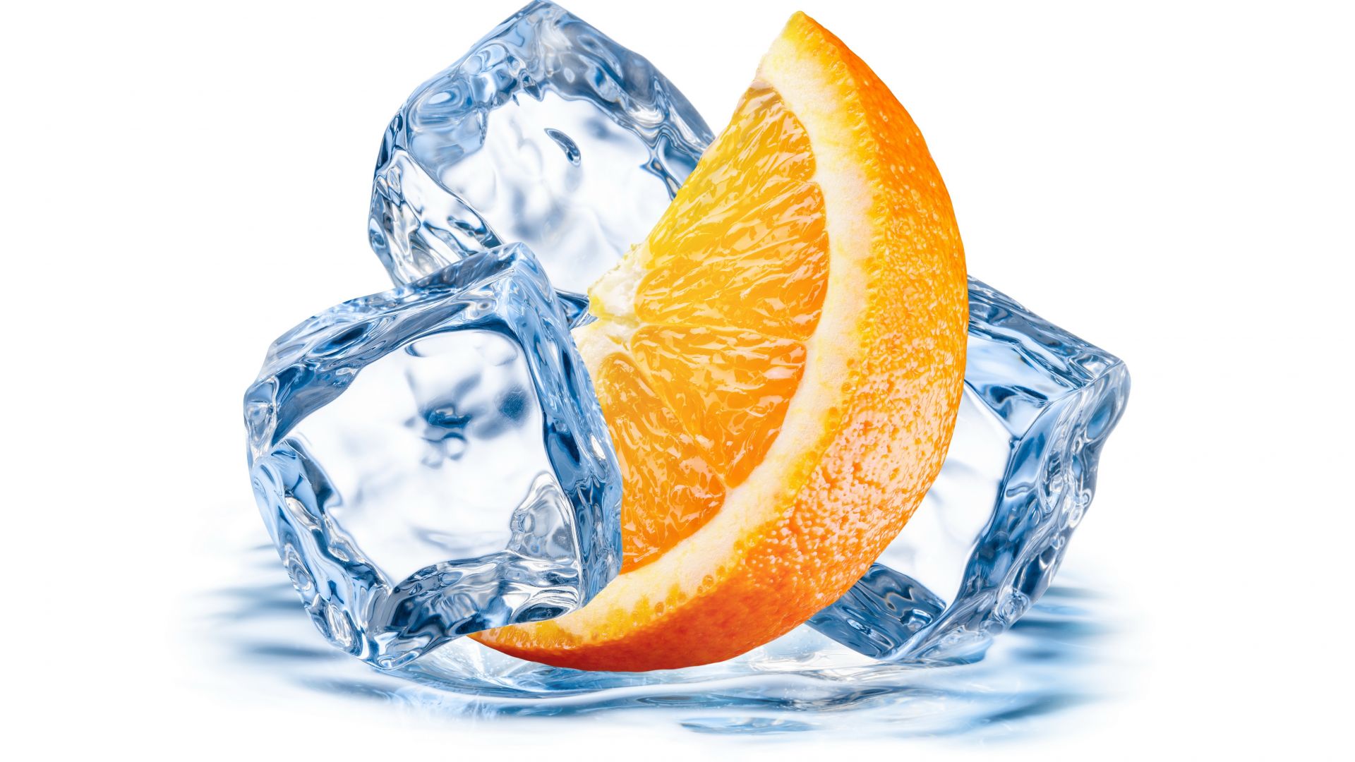 Wallpaper Orange fruit's slice, ice cubes, water
