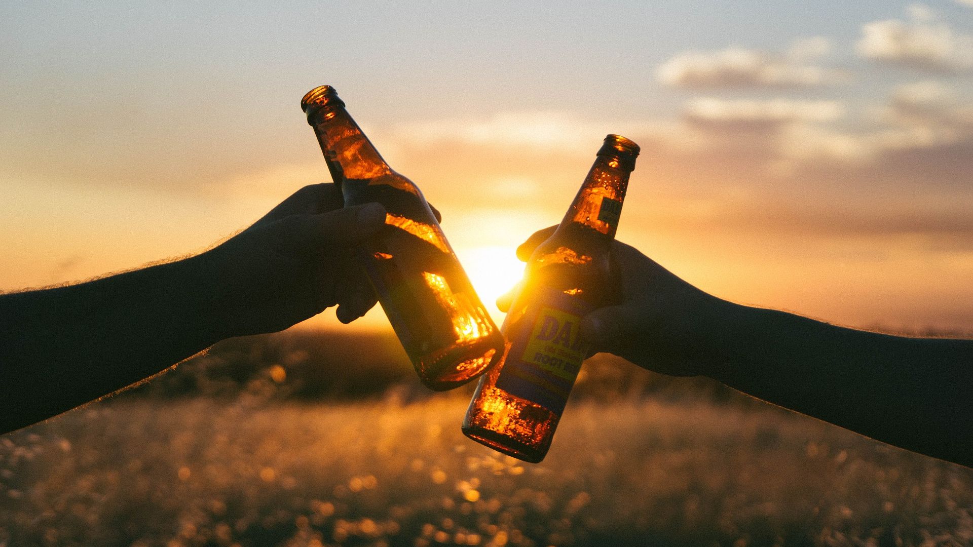 Wallpaper Beer bottles in hands, sunset, party, celebrations