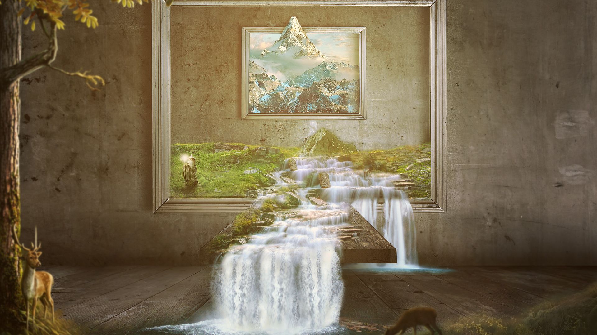 Wallpaper Waterfall painting in wallframe