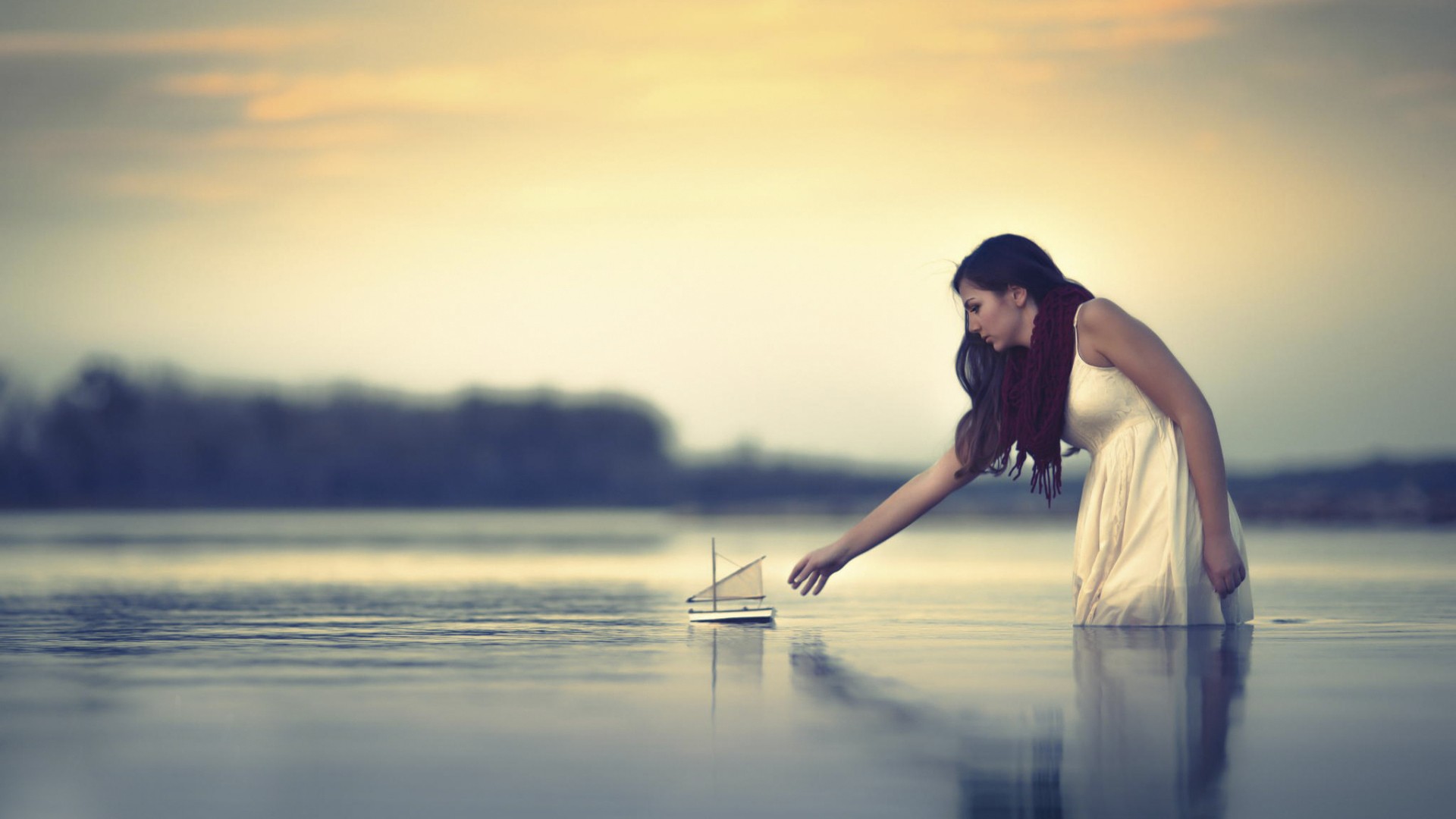 Wallpaper Woman, lake, paper boat