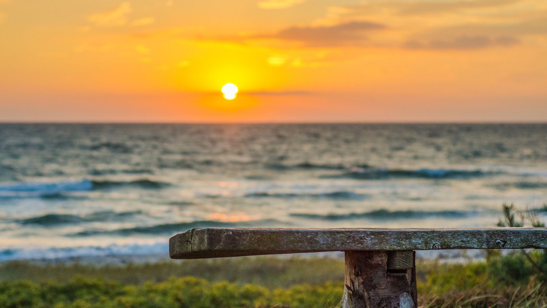 Wallpaper Sun, sunset, beach, bench, nature, sea