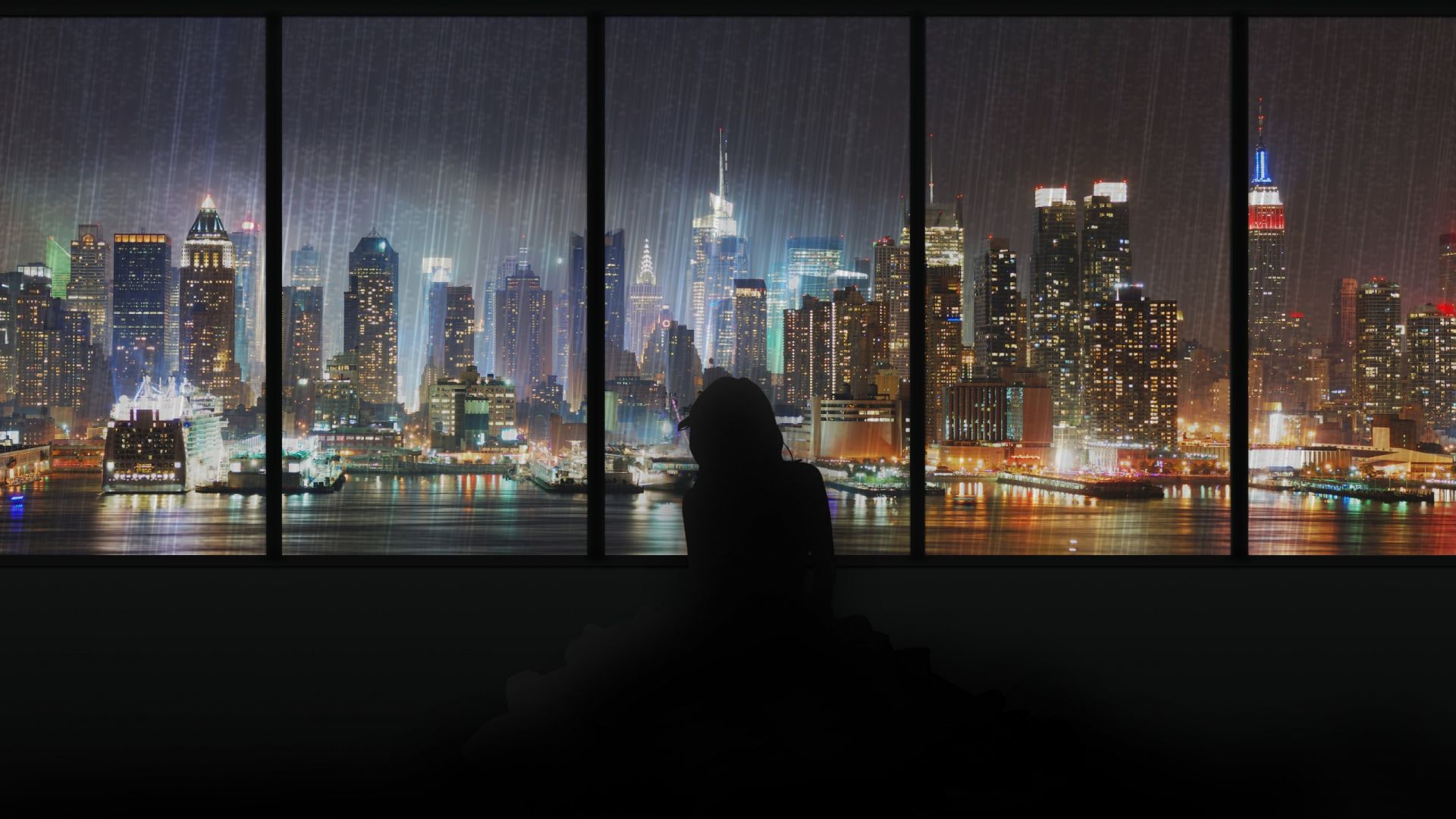 Wallpaper City in night through window