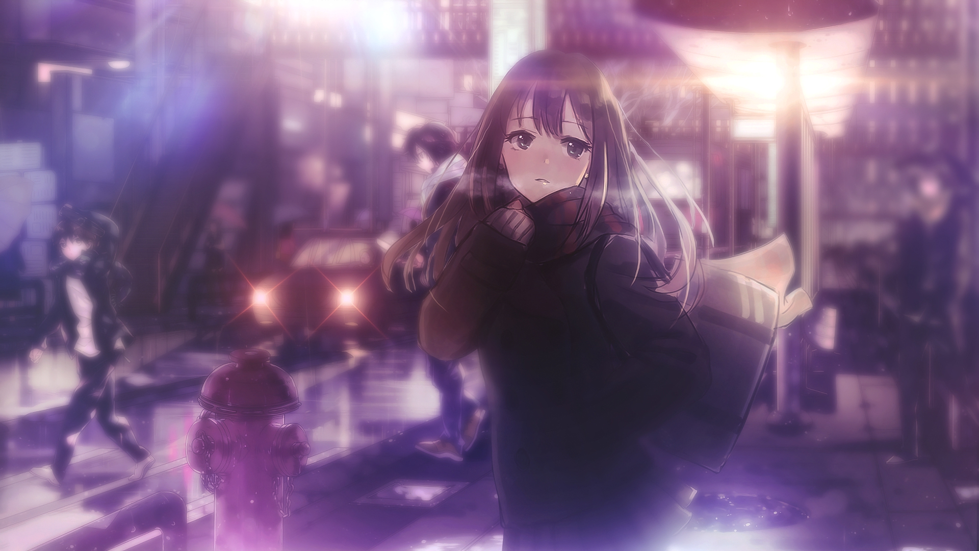 Wallpaper Cute anime girl, city, night, walk