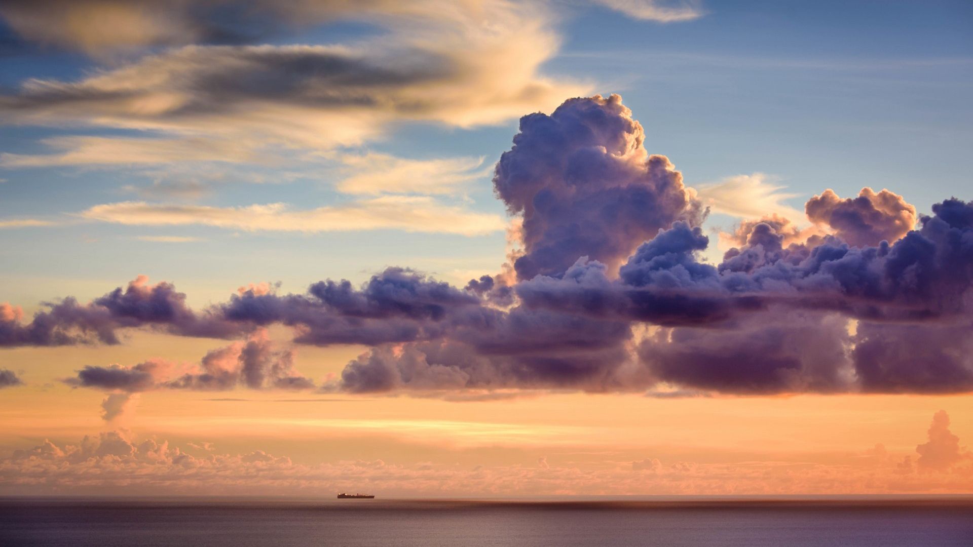 Wallpaper Clouds, sky, ship, sunset, sea