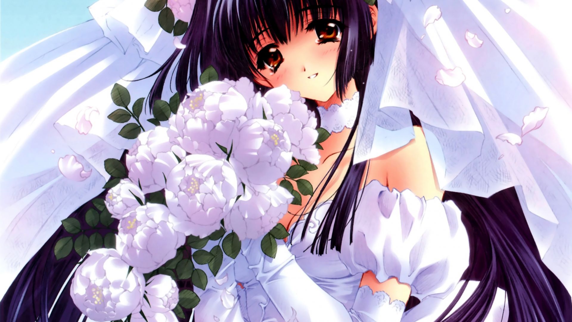 Wallpaper Suzuna Kuraki, Kao no nai Tsuki, wedding dress, flowers, anime girl