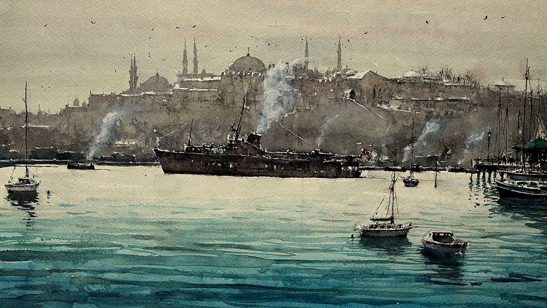 Wallpaper Istanbul city, boat, sea, art