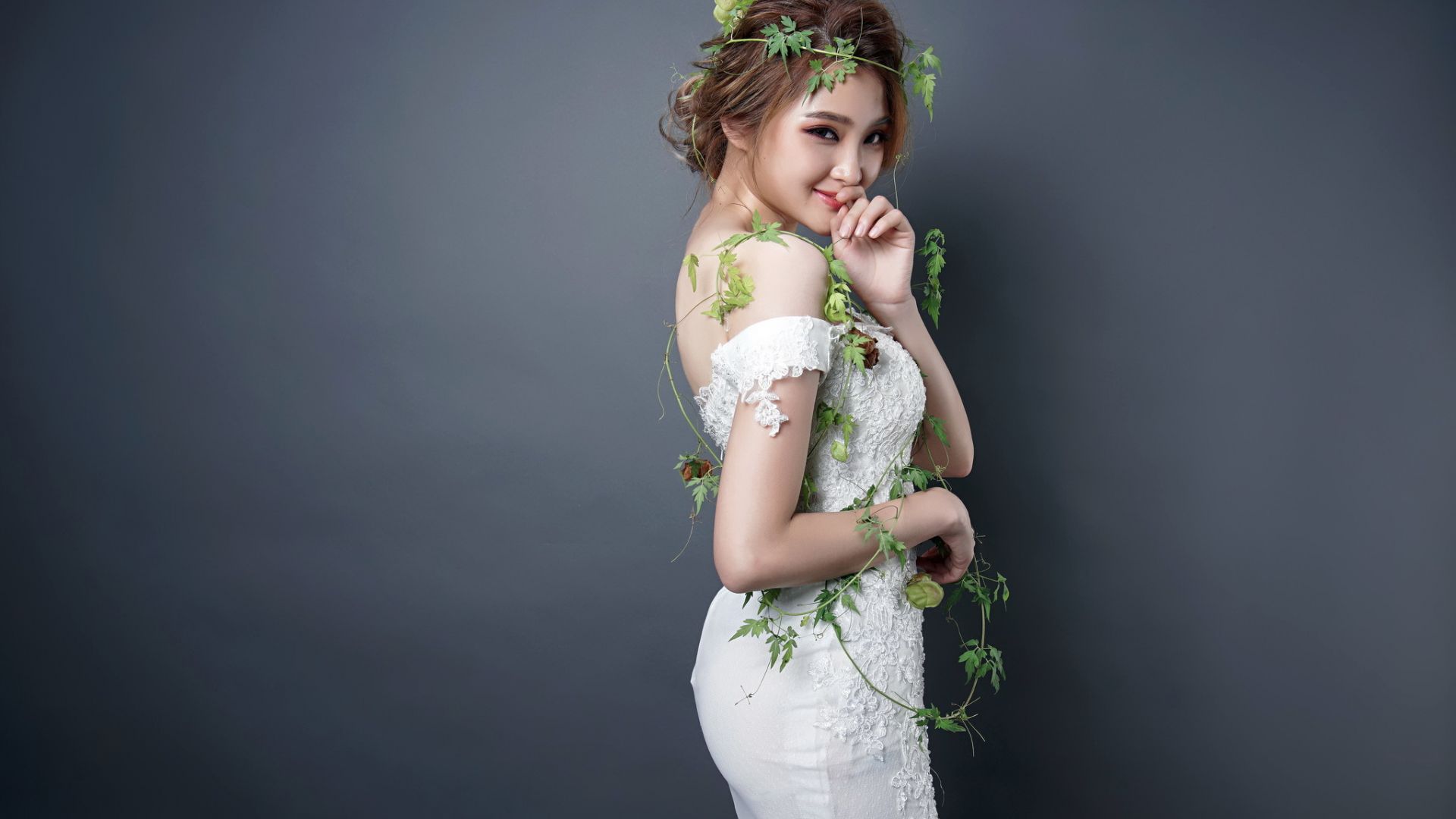Wallpaper Brunette, white dress, Asian model, smile