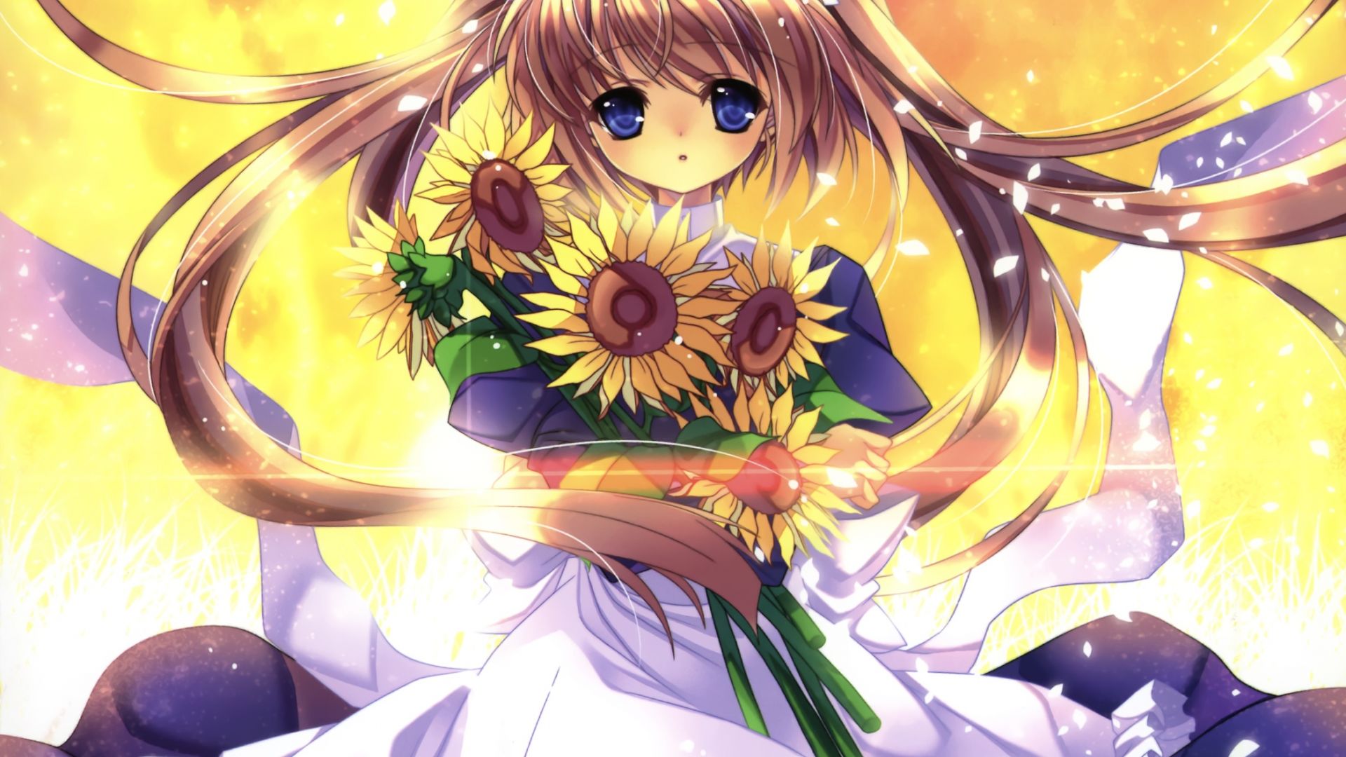 Wallpaper Sunflowers, anime girl, blonde, white dress, original