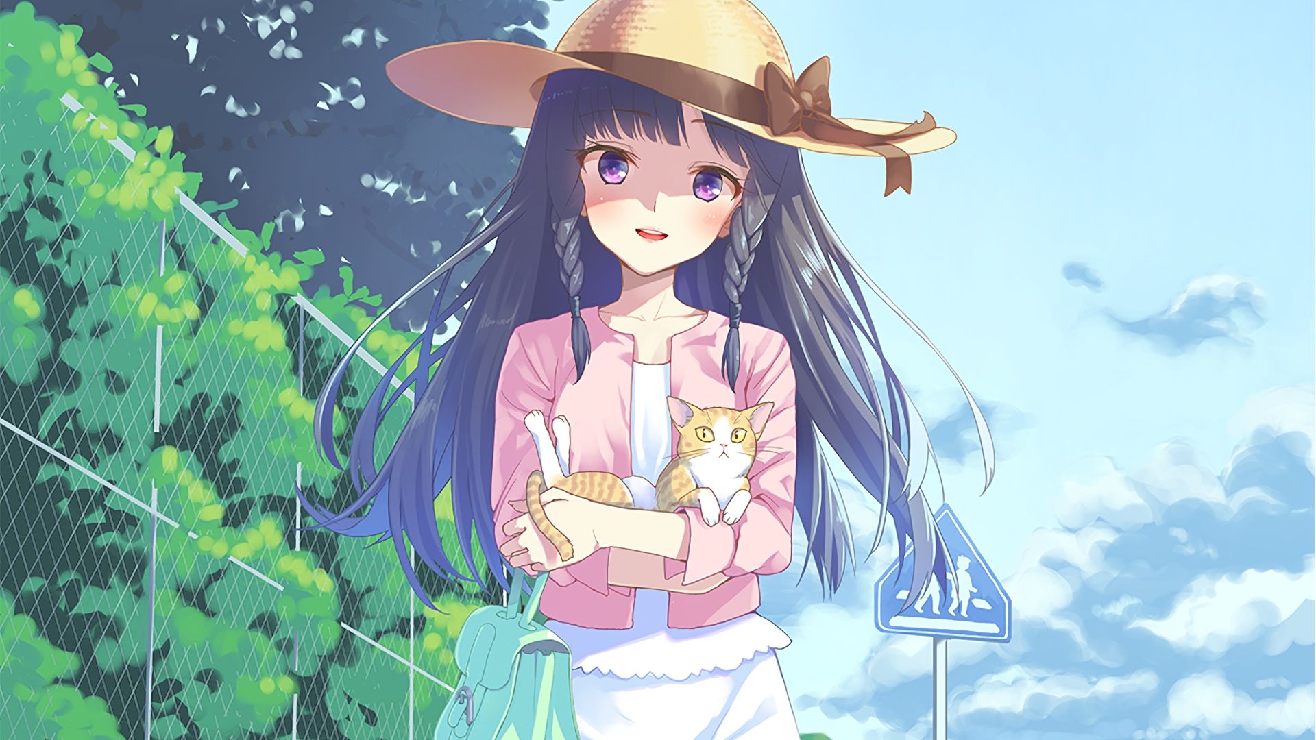 Wallpaper Cute anime girl with kitten, long hair, hat