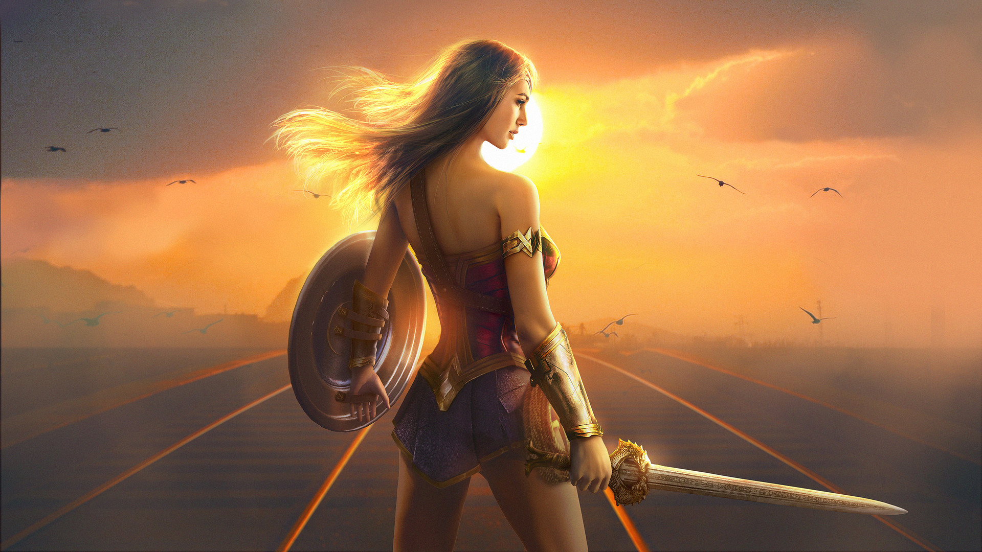 Wallpaper Wonder woman, art, superhero, sword, sunset