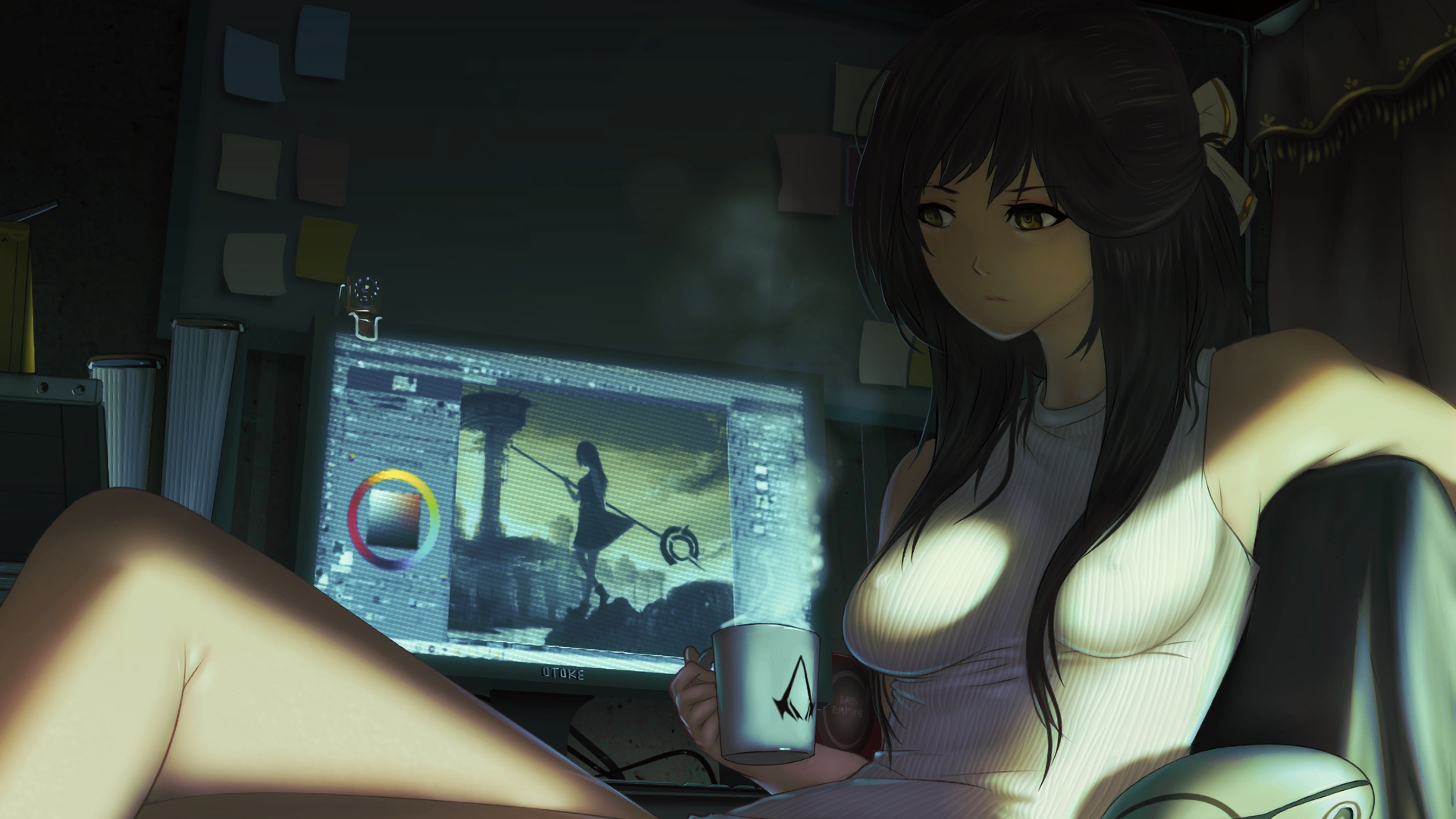 Wallpaper Anime girl, designing photos, coffee cup