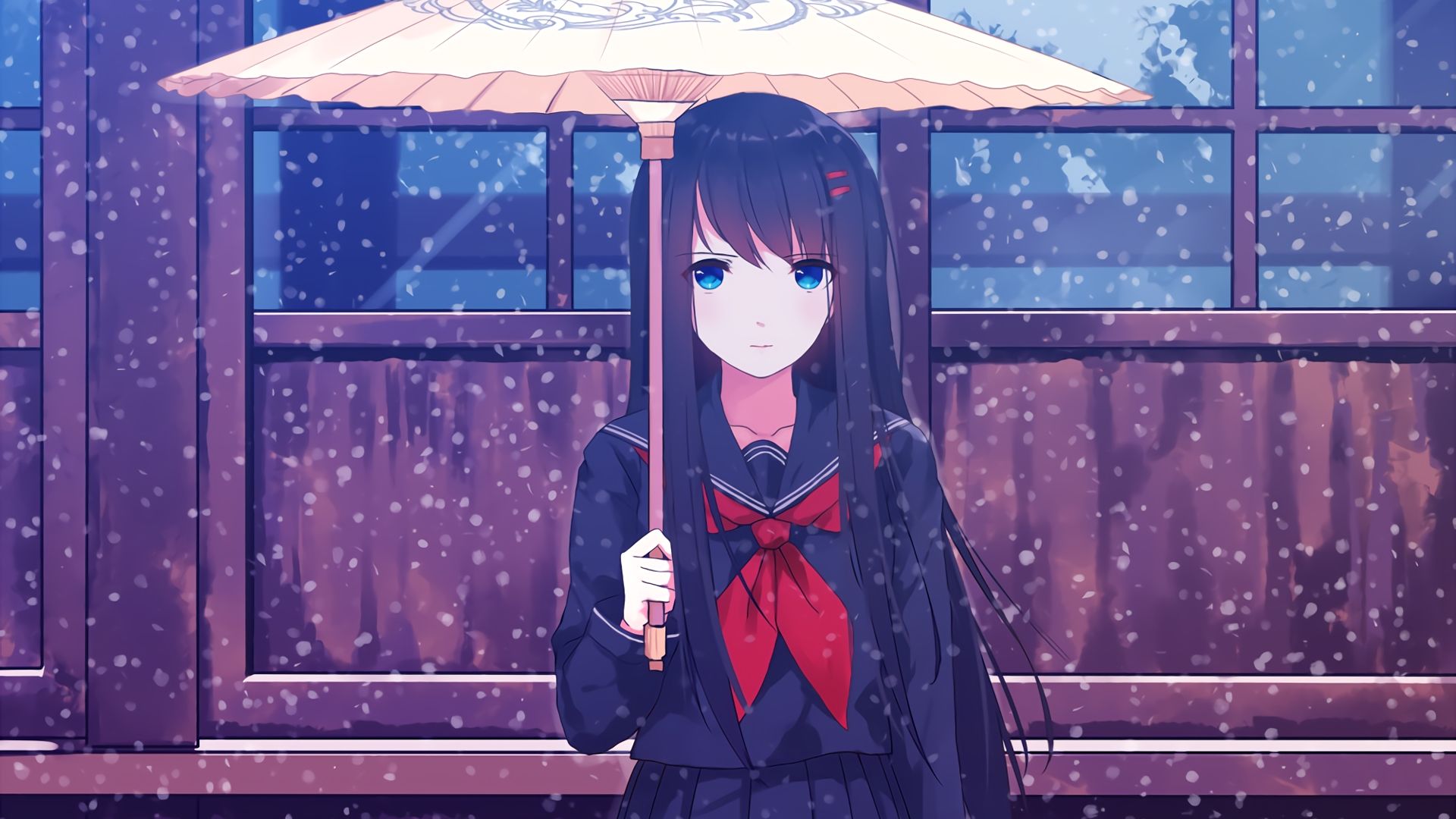 Wallpaper Blue eyes anime girl, umbrella, winter