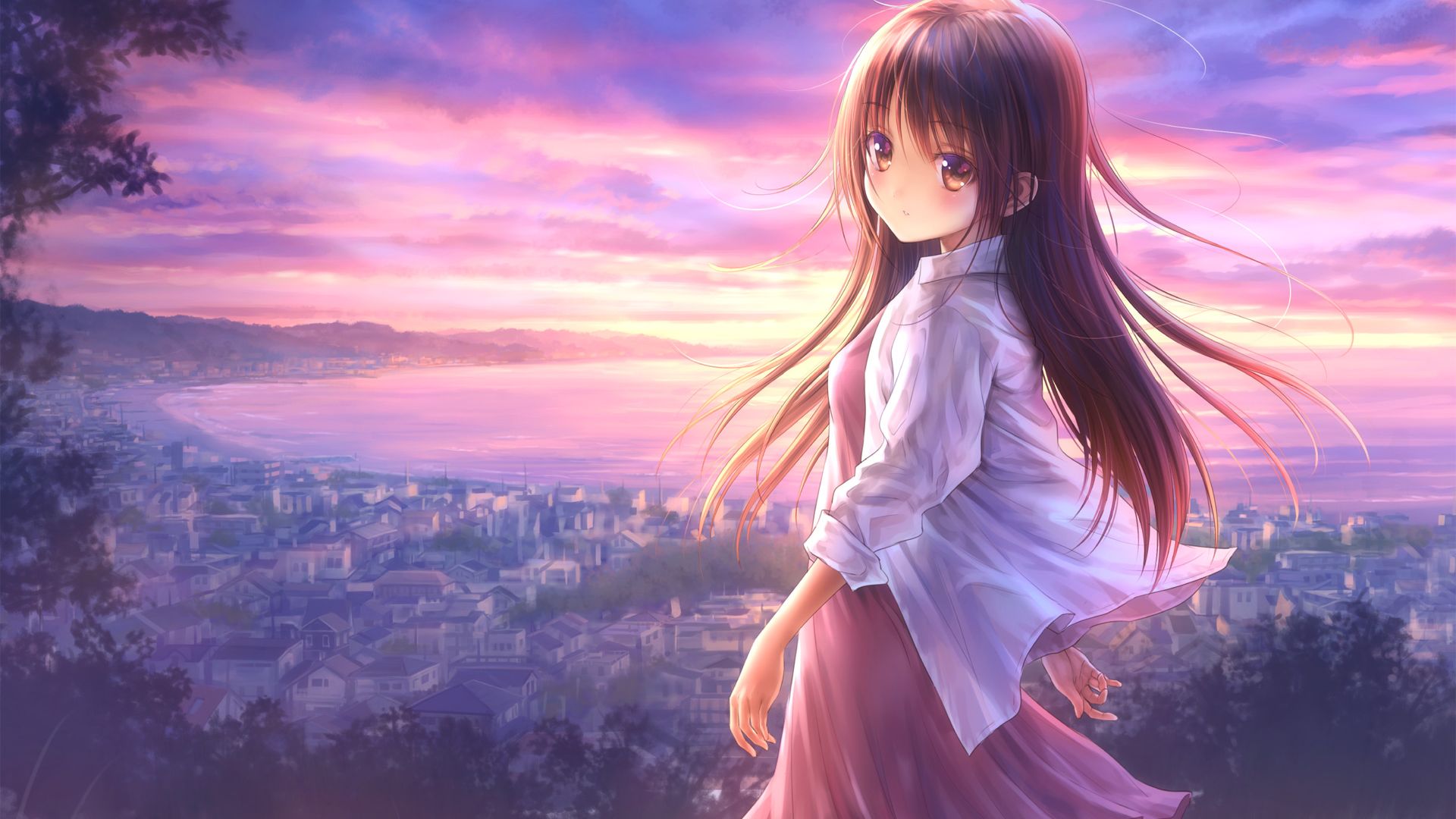 Wallpaper Cute anime girl, city scenery, anime, Narcissu