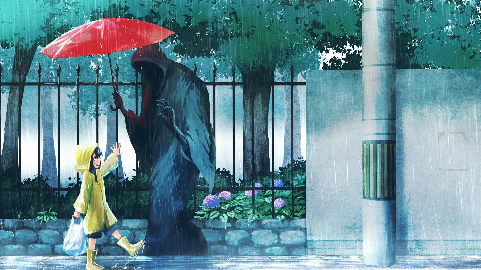 Wallpaper Ghost, kid, rain, reaper, umbrella, art