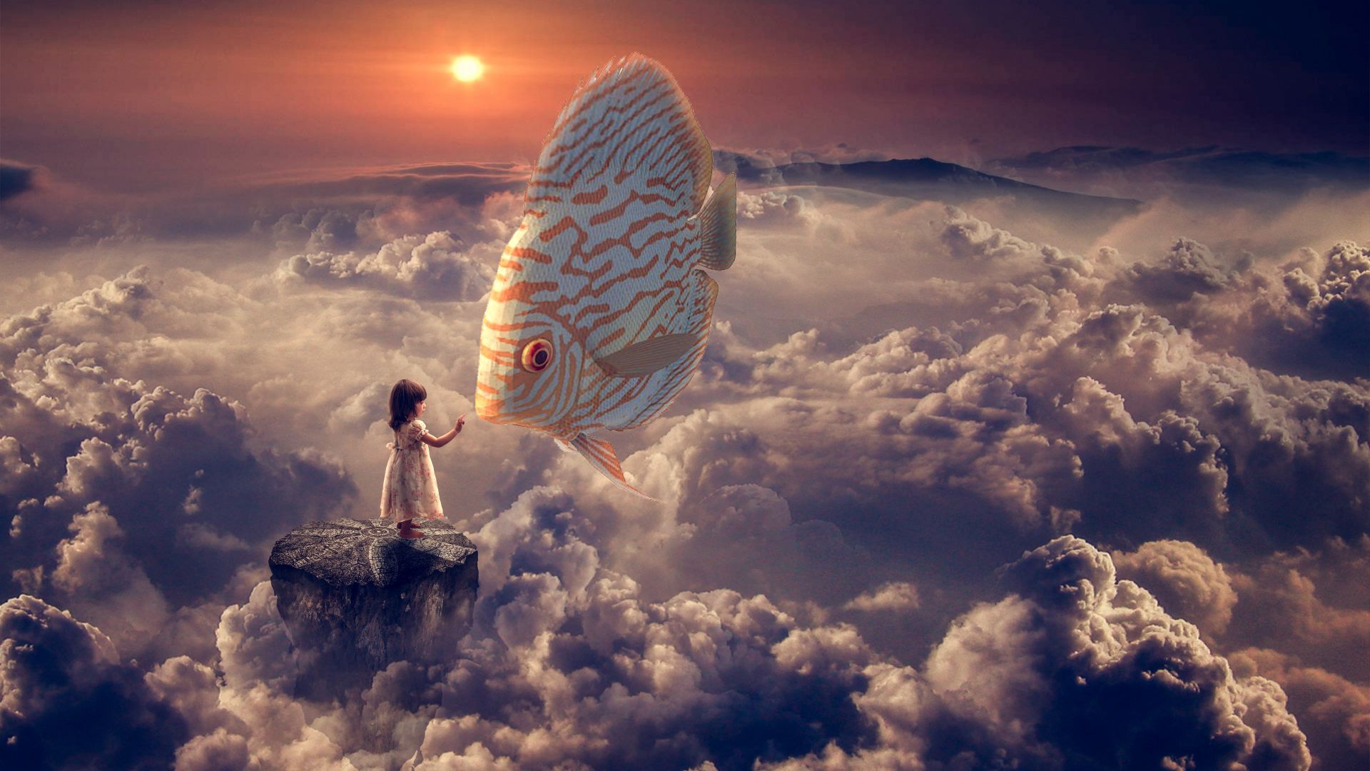 Wallpaper Fantasy girl and fish in cloudy sky