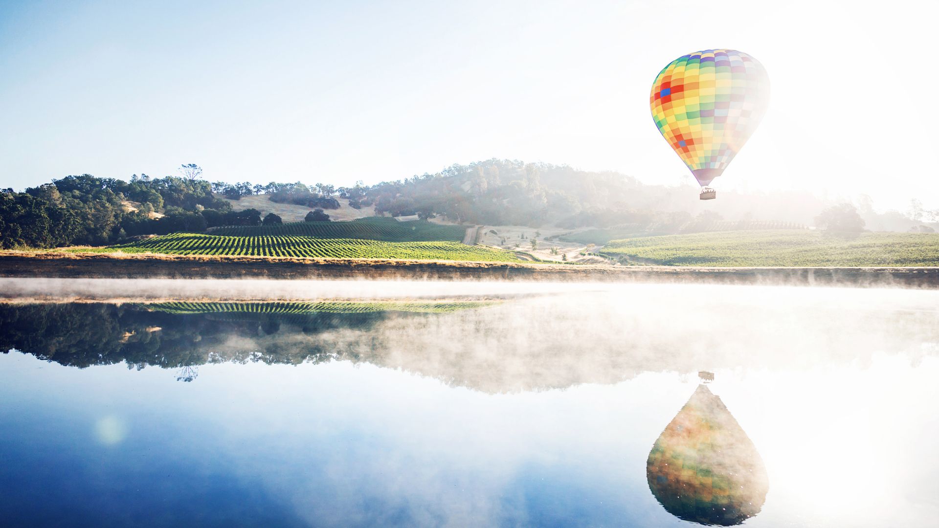 Wallpaper Hot air balloon, lake, reflections