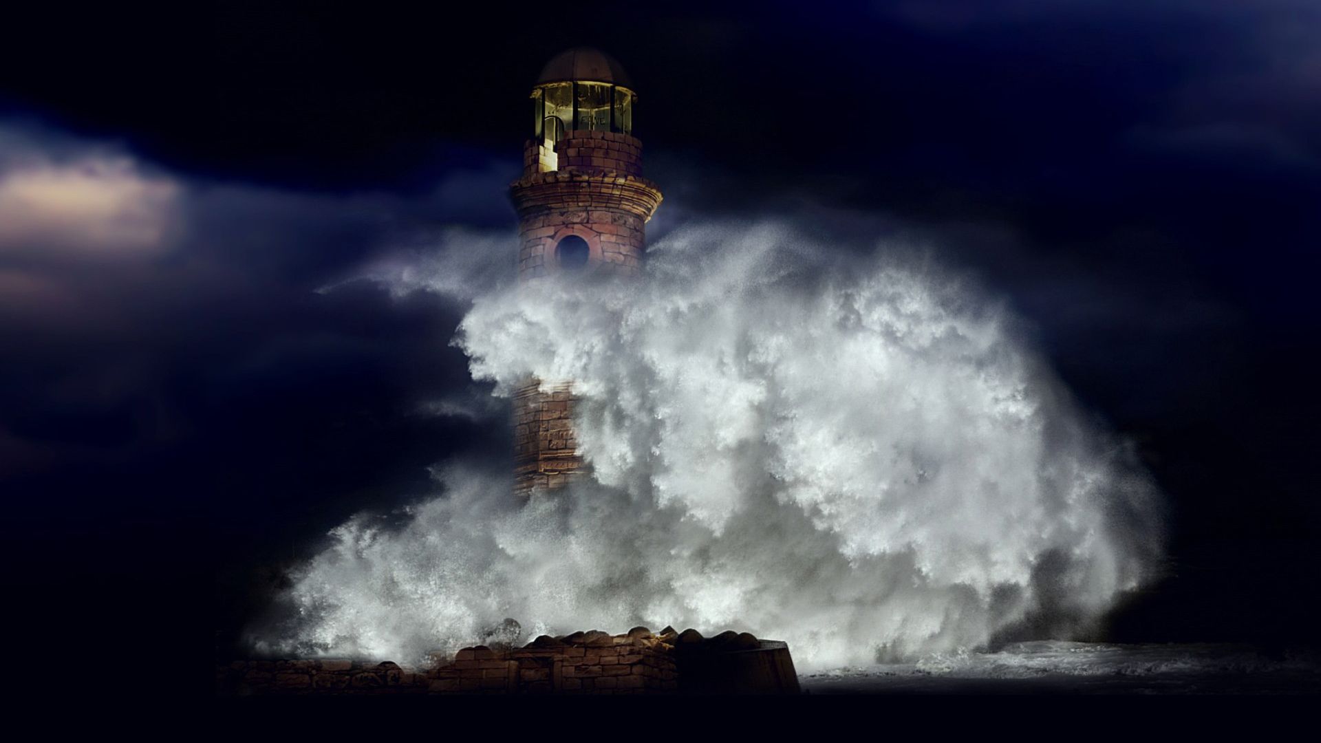 Wallpaper Lighthouse, sea waves, big, night