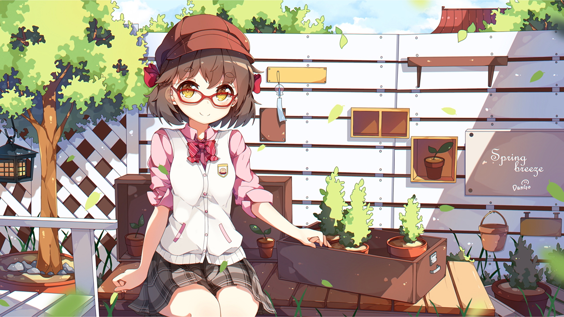 Wallpaper Cute anime girl in backyard, anime