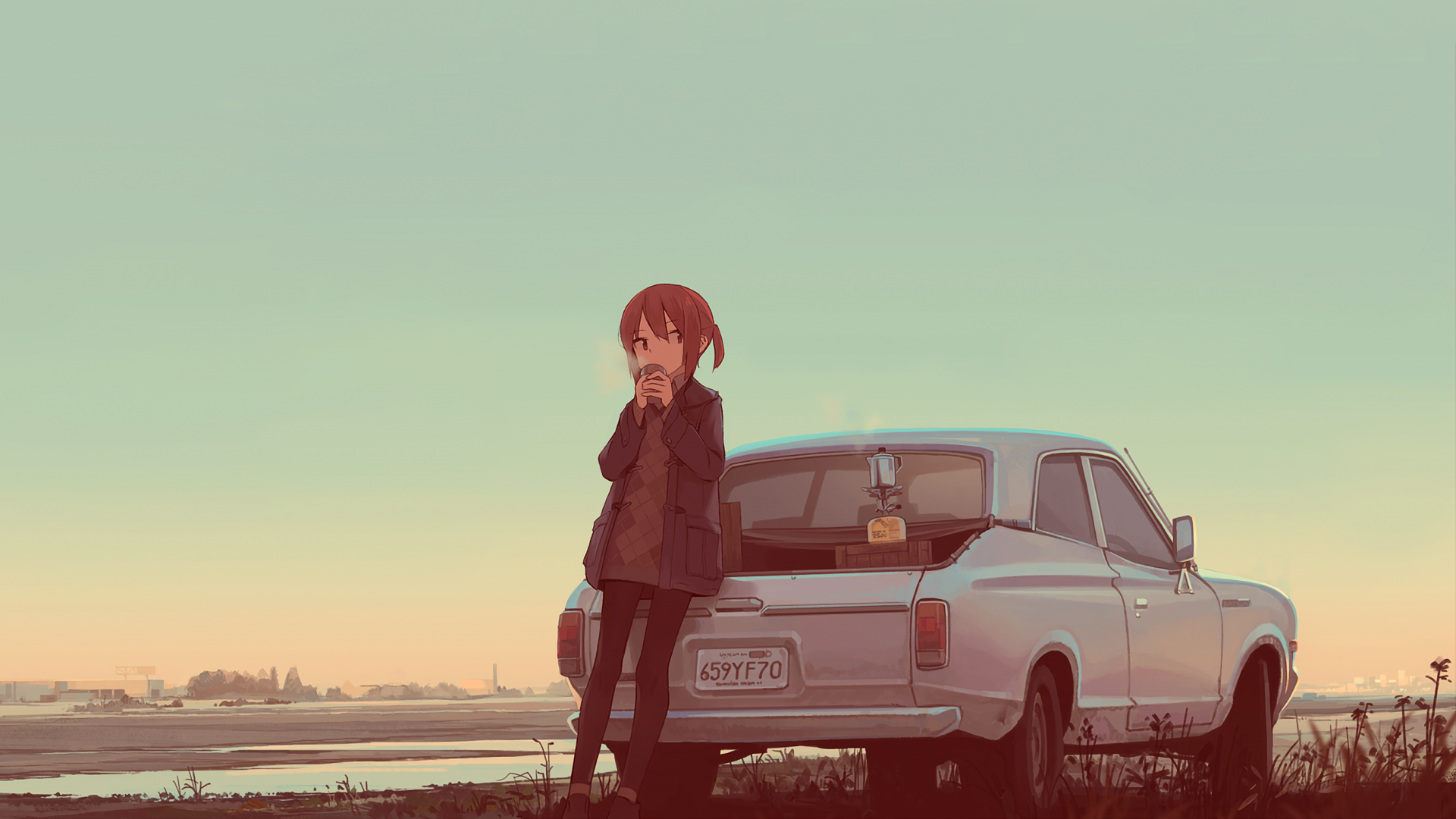 Wallpaper Cute anime girl, drinking, tea, car