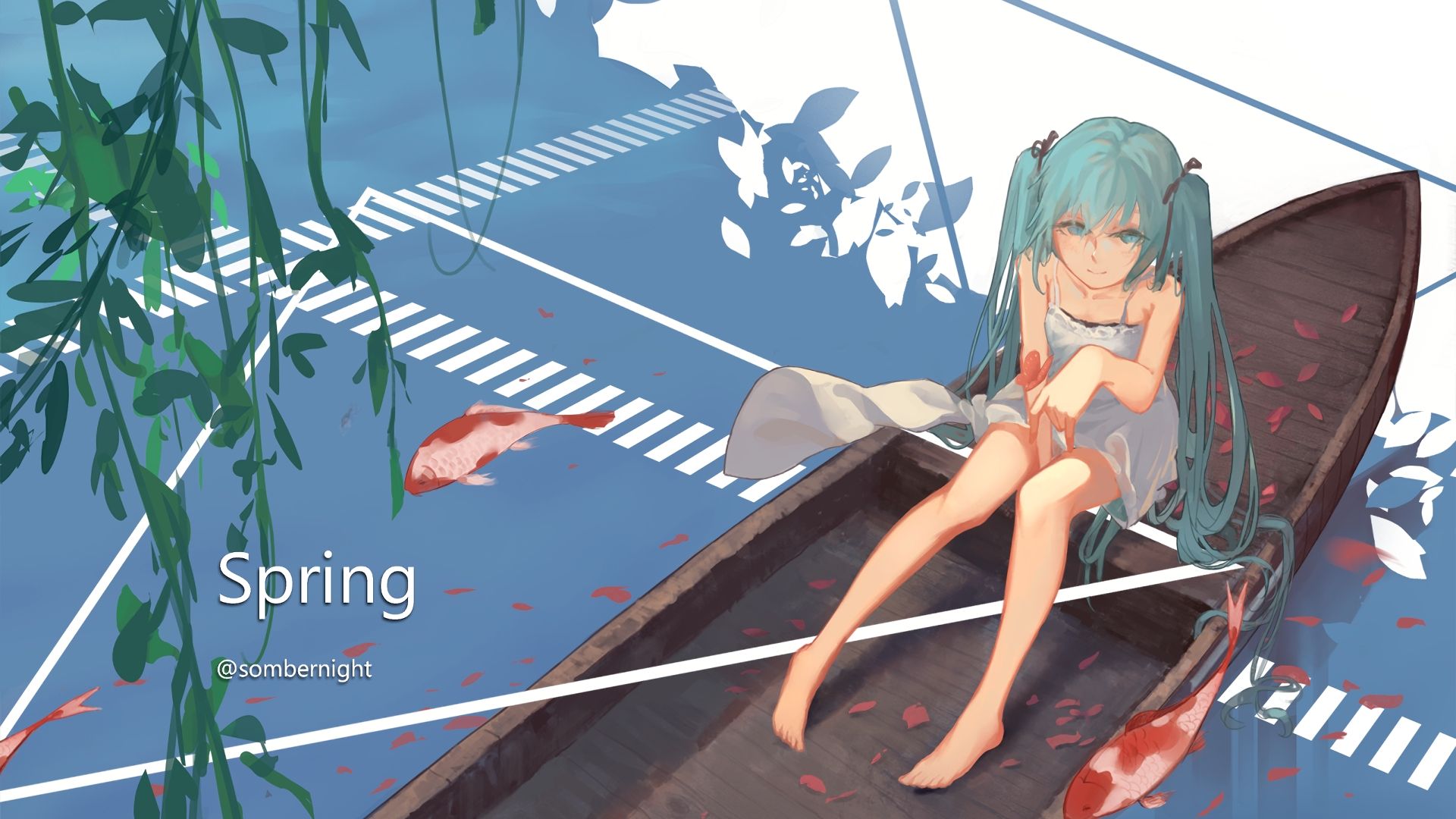 Wallpaper Hatsune Miku, fishing on boat