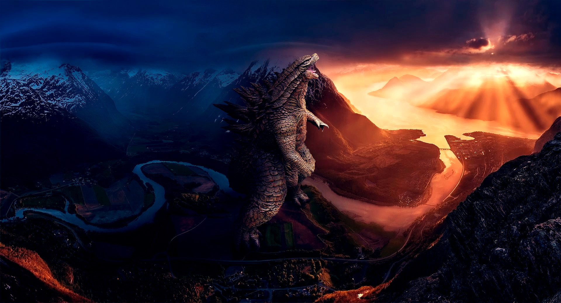 Wallpaper Godzilla, fantasy, river, sunset, clouds, animal 