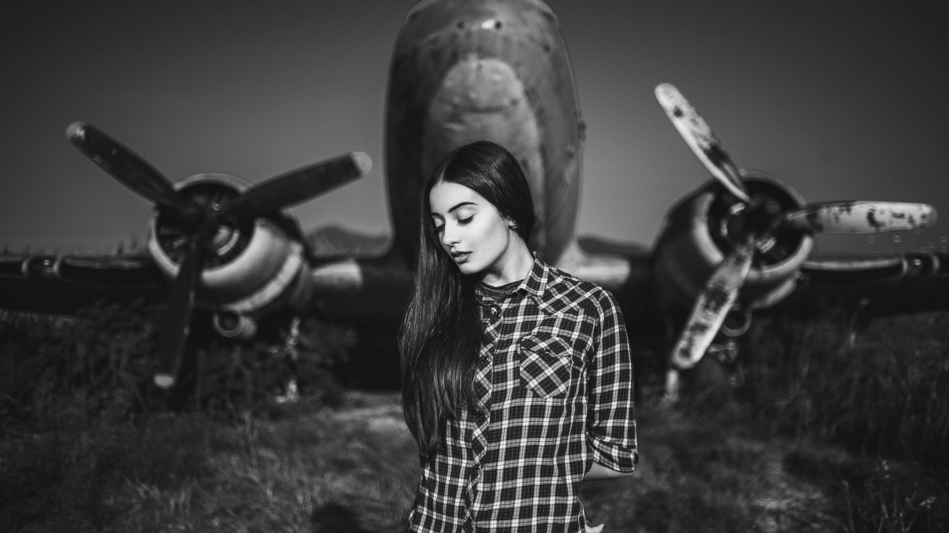 Wallpaper Monochrome, airplane, girl, model