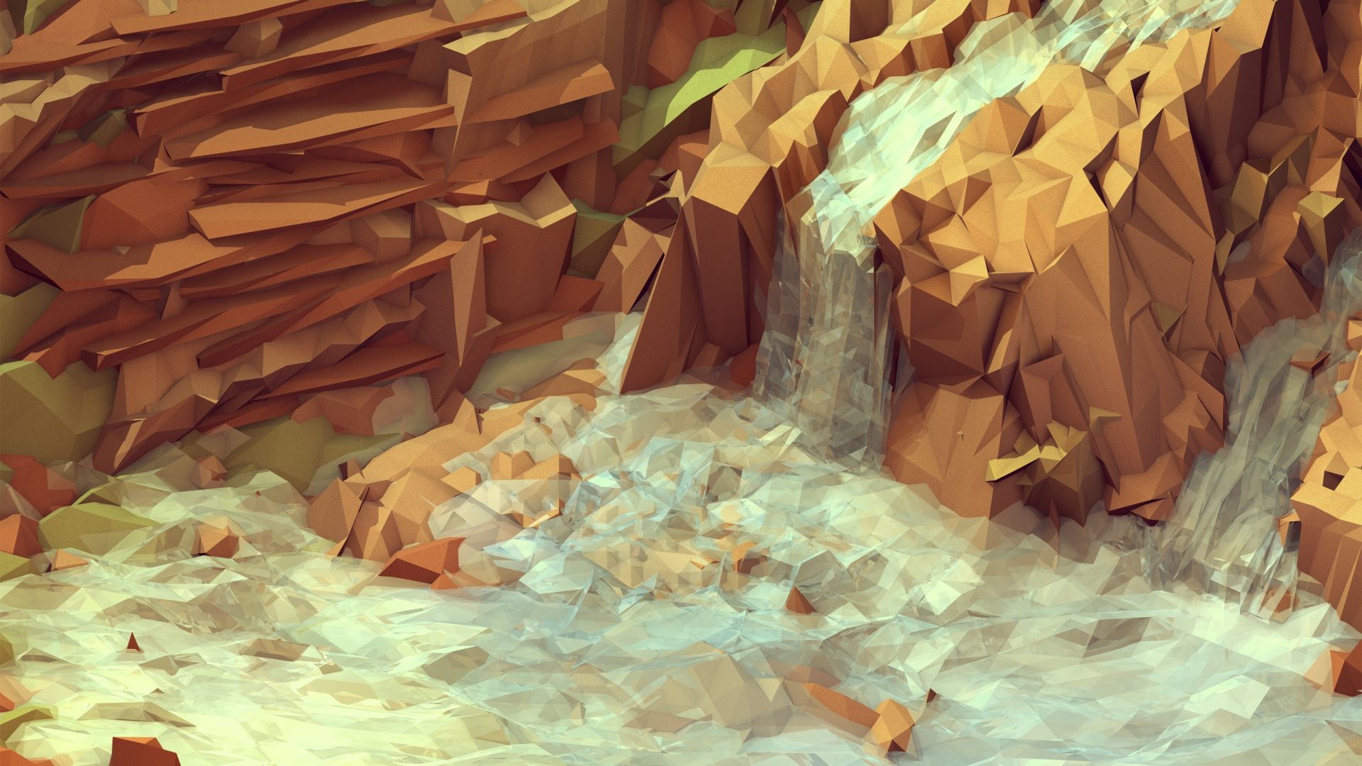 Wallpaper Low poly, mountains, waterfall illustration