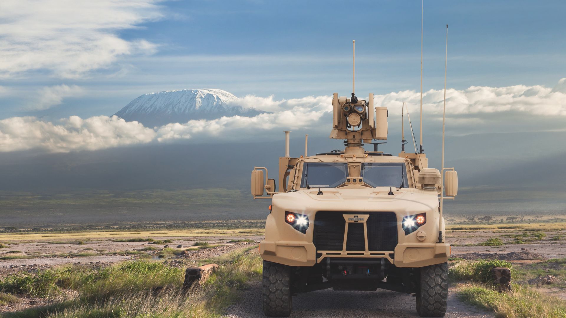 Wallpaper Joint light tactical vehicle, front view, military, clouds
