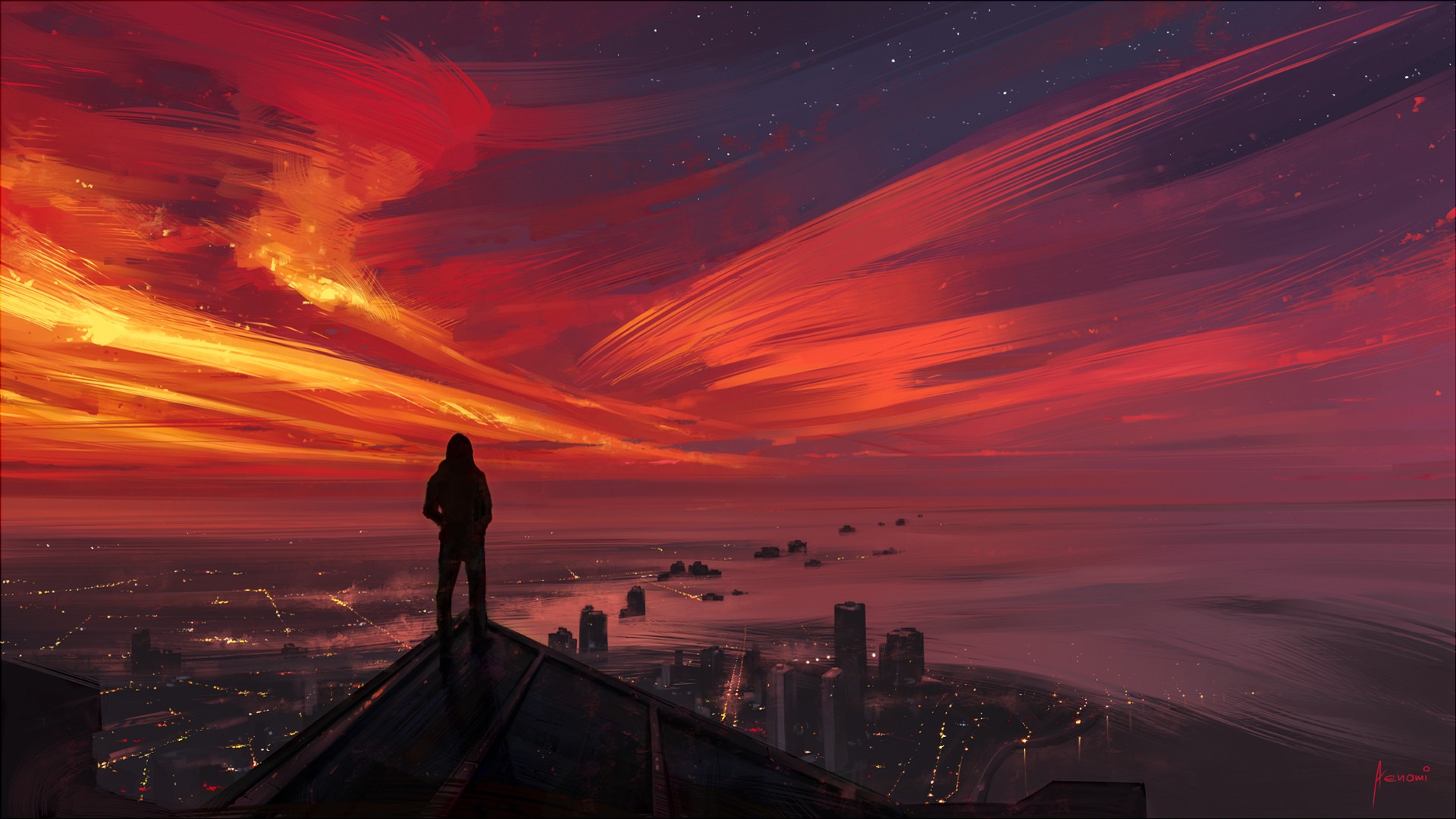 Wallpaper Sunset city illustration