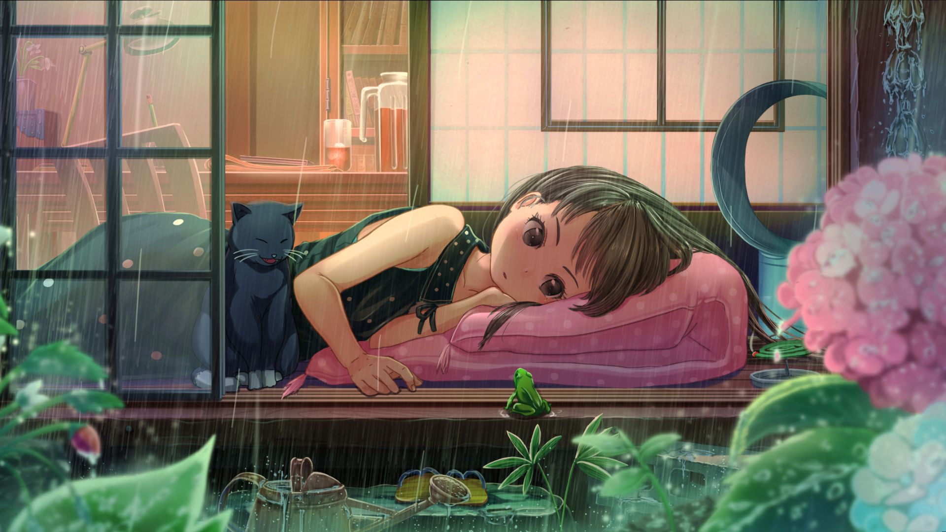 Wallpaper Original, anime girl, black cat, rain, frog