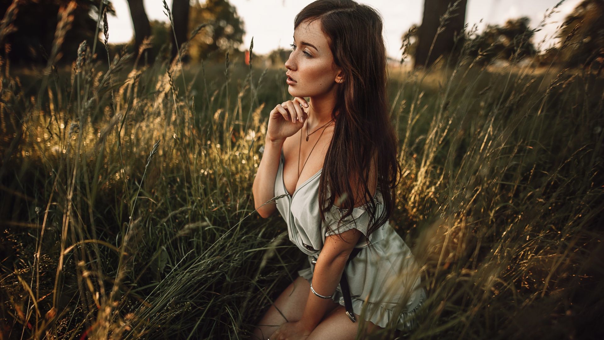 Wallpaper Sitting, big grass, meadow, girl