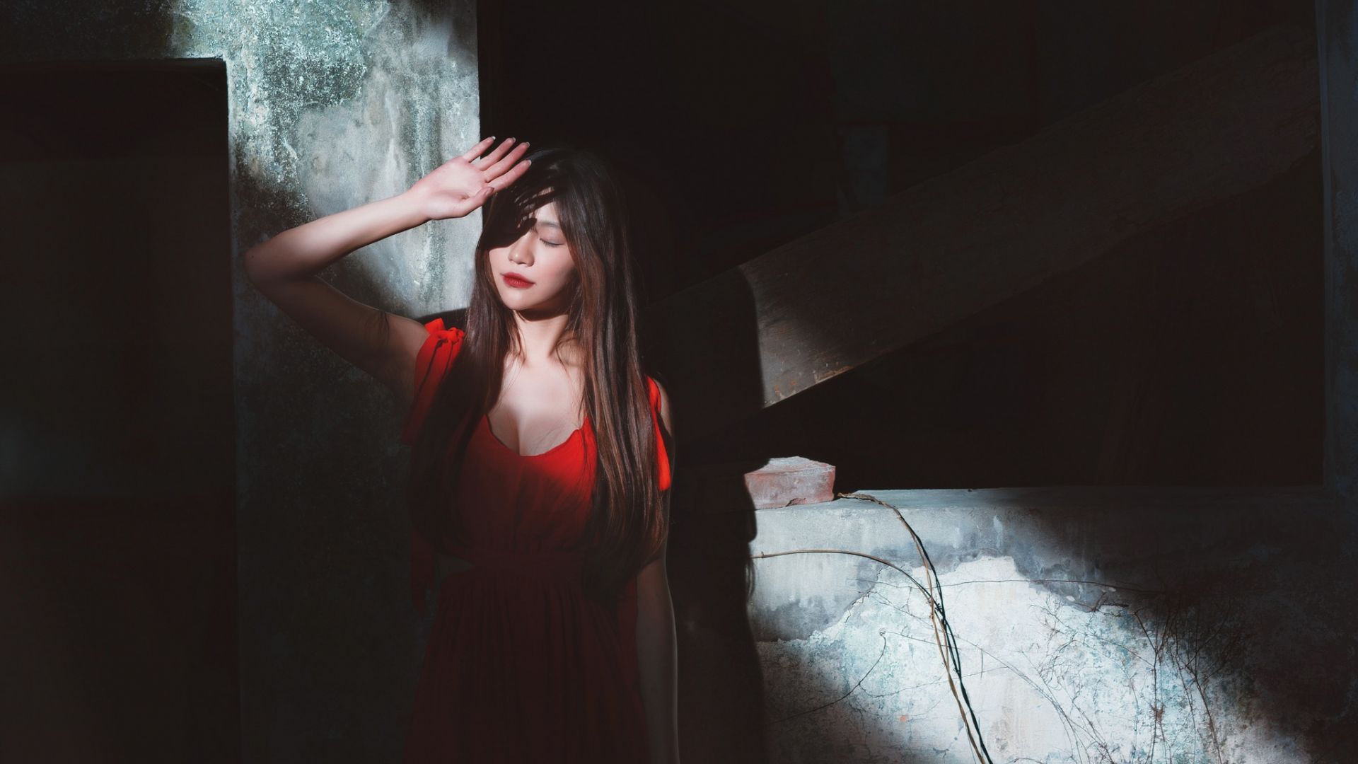 Wallpaper Red dress, Asian girl model, brunette