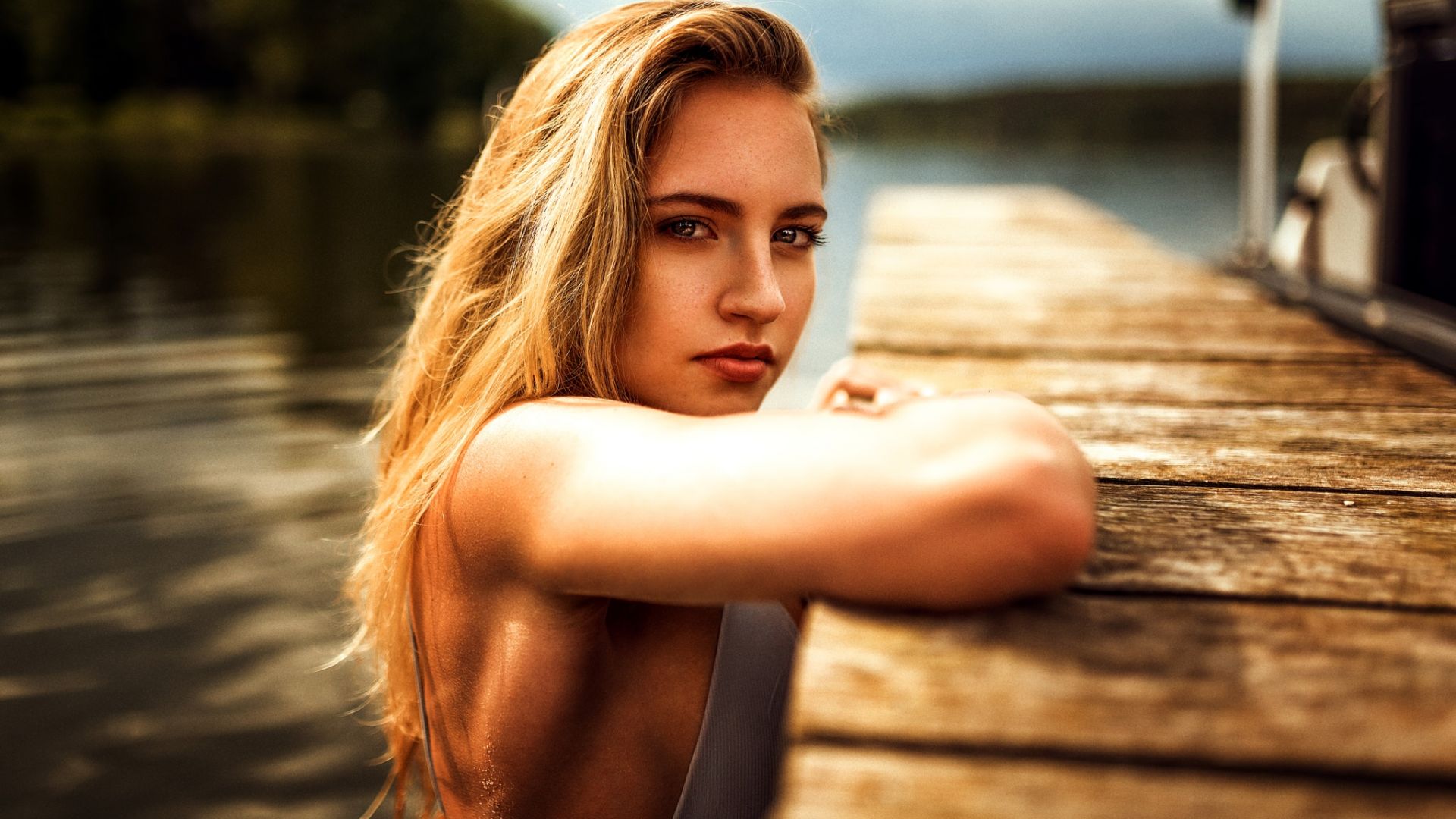 Wallpaper Blonde model, swim, dock